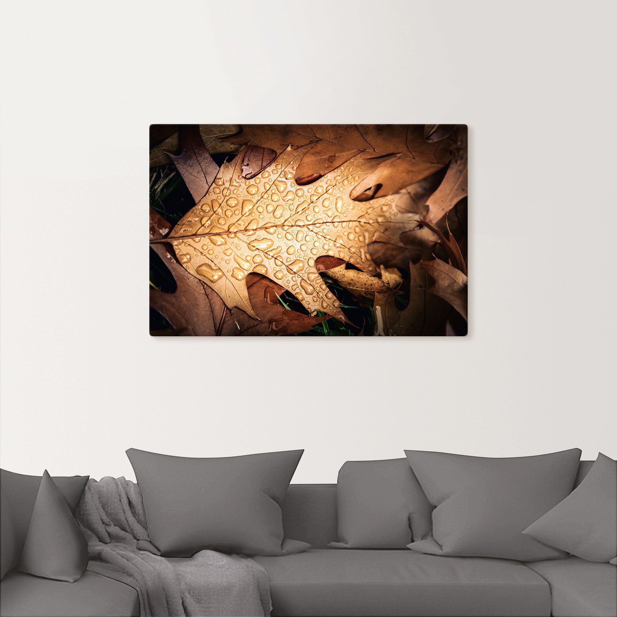 versch. Alubild, oder Größen Wandaufkleber in St), mit als Leinwandbild, Poster Blätterbilder (1 Herbstblatt Wandbild Regentropfen, Artland