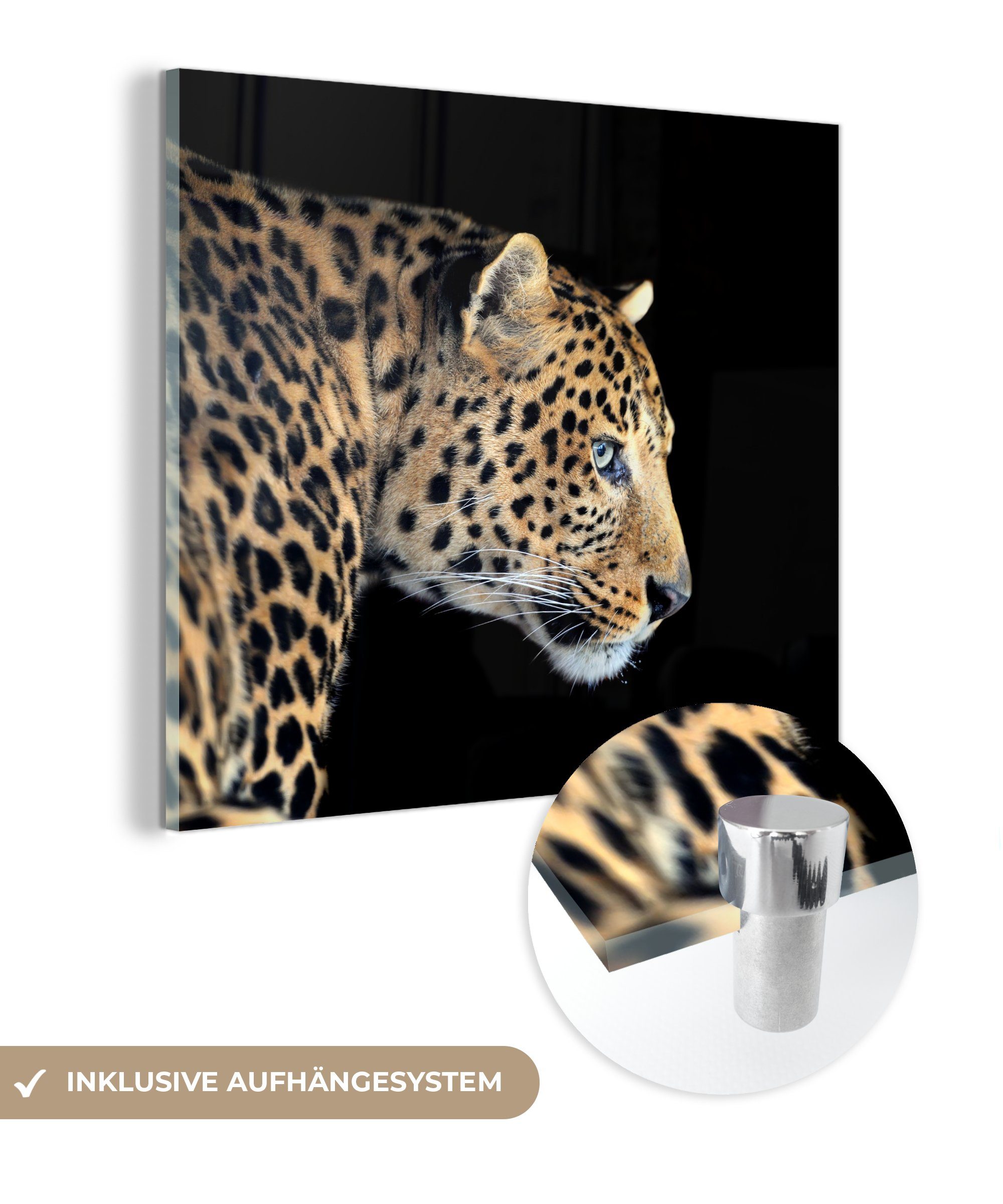MuchoWow Acrylglasbild Leopard - Glasbilder Glas Wandbild Schwarz, Glas Wanddekoration Bilder Tiere - auf Foto - (1 auf St), - 