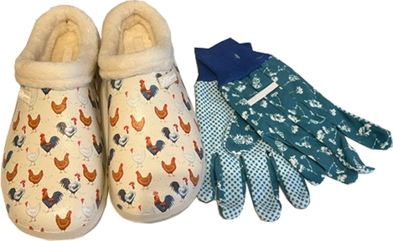 Steinnacher Bärbel Angro Damen Gartenclogs Hühner mit Fell mit Gartenhandschuhen Clog
