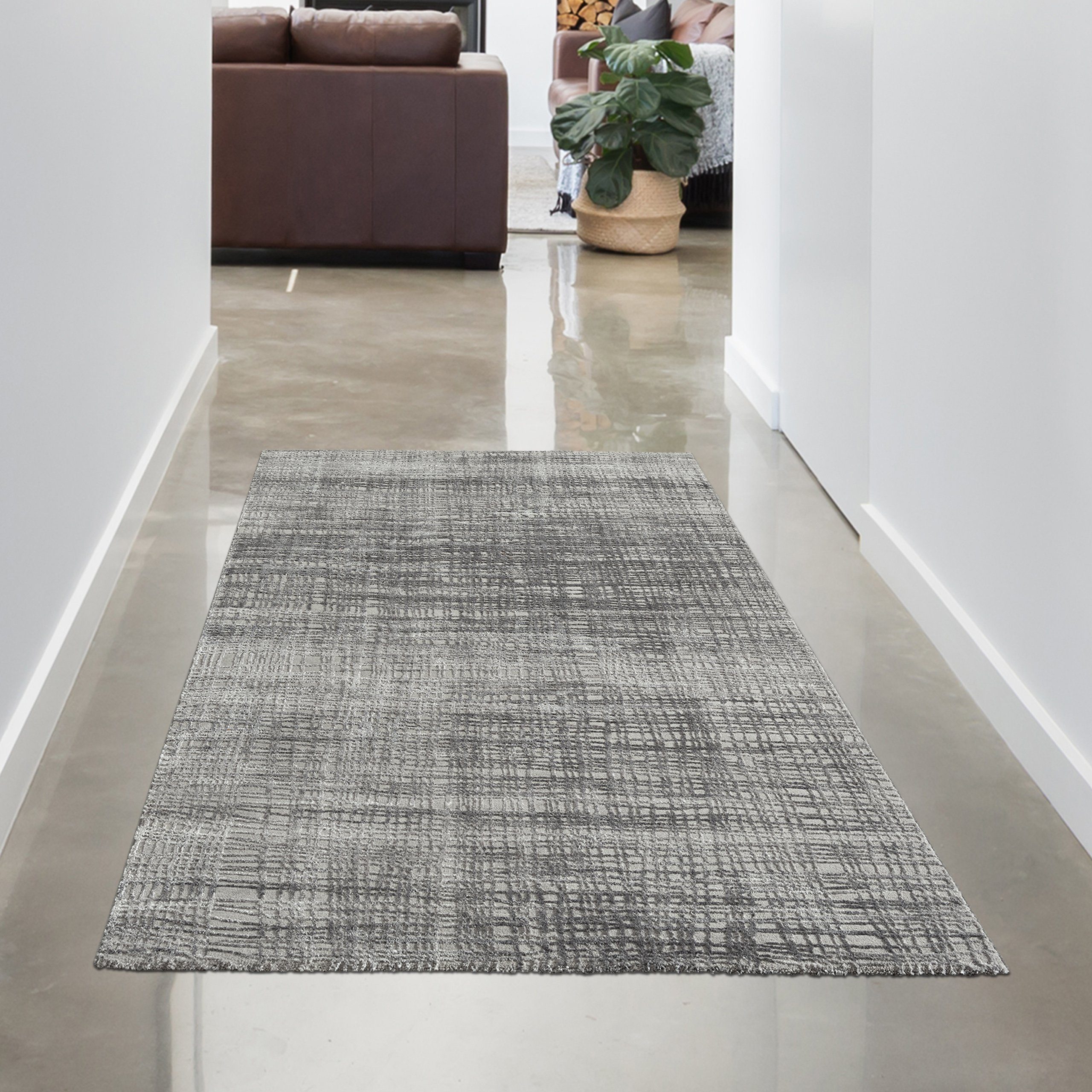 Teppich Designertepich mit Netz Karomuster glänzend in silber grau