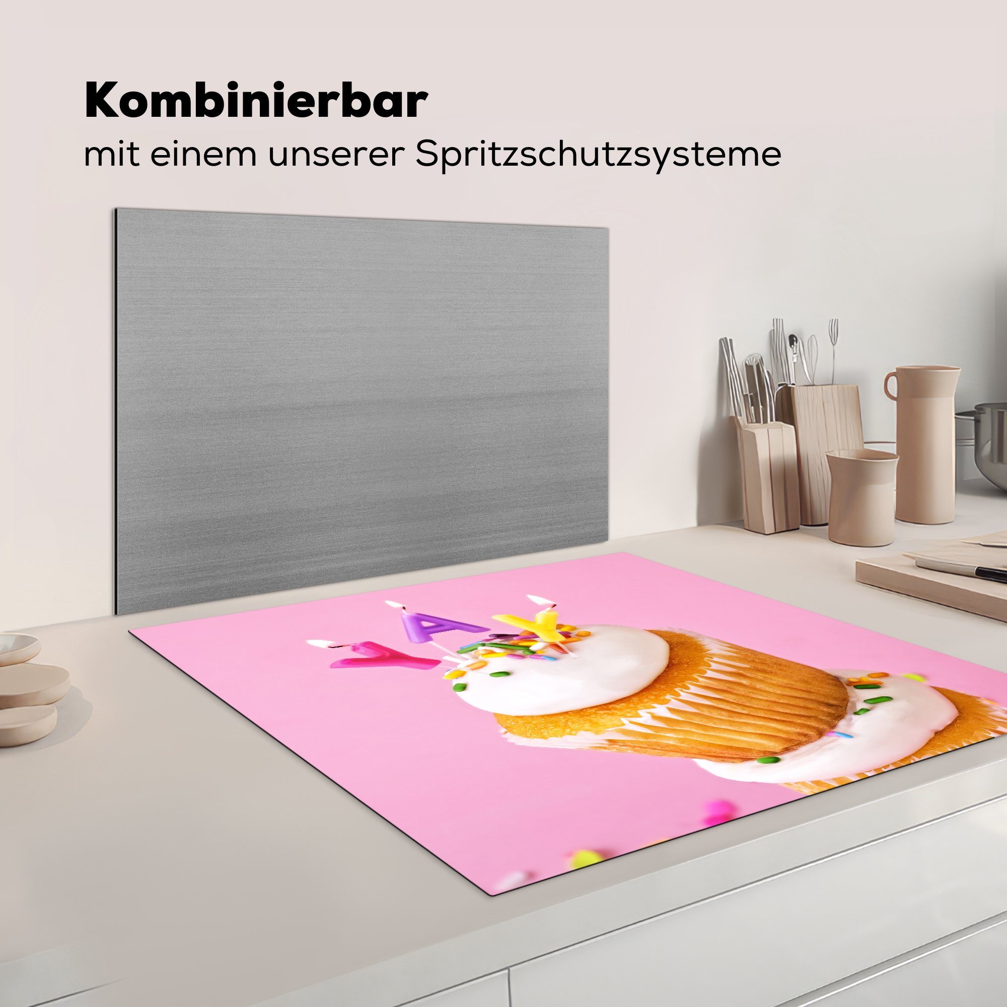 auf (1 Herdblende-/Abdeckplatte MuchoWow Arbeitsplatte rosa Ceranfeldabdeckung, cm, 78x78 Konfetti-Cupcakes Hintergrund, tlg), einem küche für Vinyl,