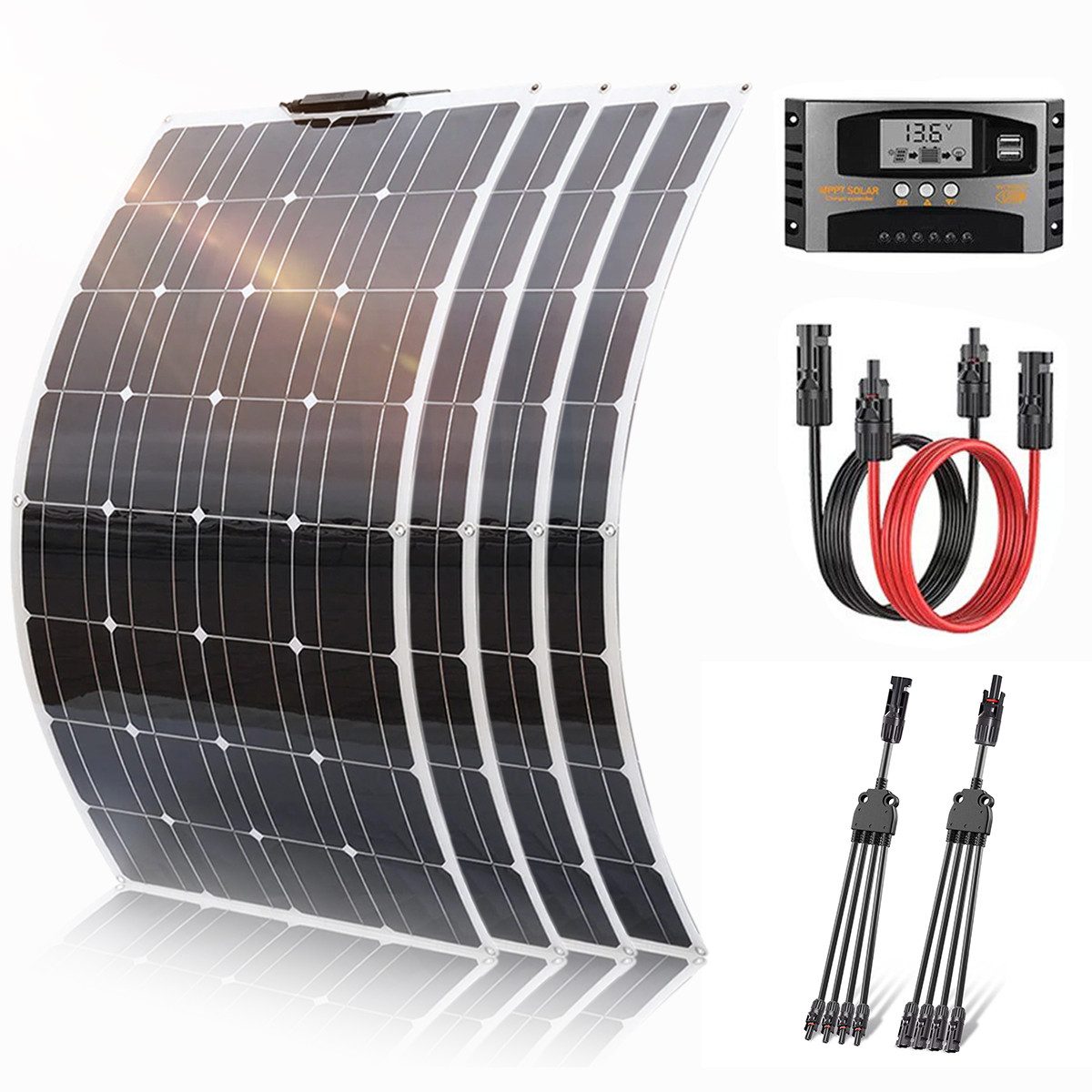 Rhein Beleuchtung Solarmodul 800W Flexibles Solarpanel Set für Wohnmobil Garten Boot 12V, 800 W, Monokristallin, (Ultraflach, IP65, für gewölbte Flächen und Off-Grid-Systeme), 4×200W Module mit 40A Regler & MC4 Verteiler (1 zu 4)