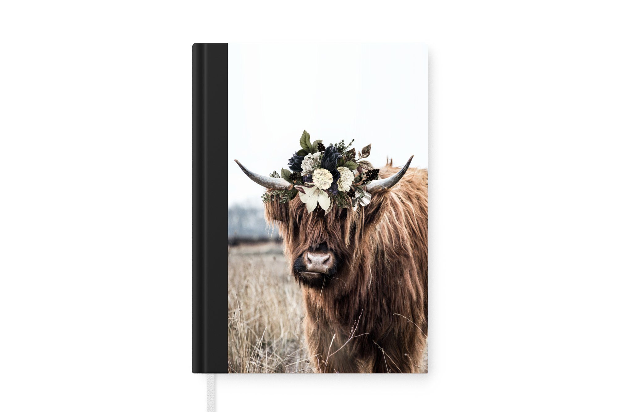 MuchoWow Notizbuch Scottish Highlander - Gras - Blumen, Journal, Merkzettel, Tagebuch, Notizheft, A5, 98 Seiten, Haushaltsbuch | Notizbücher