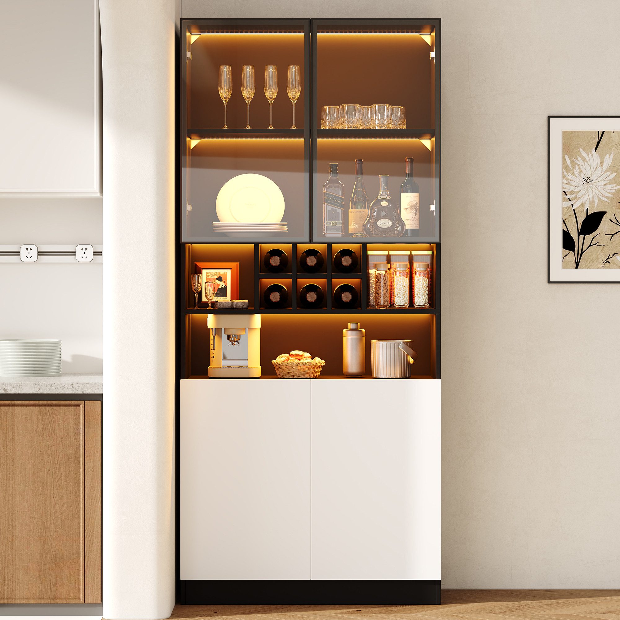 Flieks Glasvitrine Hochschrank Standvitrine mit LED-Beleuchtung, 2 Glastüren, Weinregal (B80xT30xH180 cm, 1-St) Multifunktionsschrank Küchenbuffet Weinschrank Schwarz&Weiß