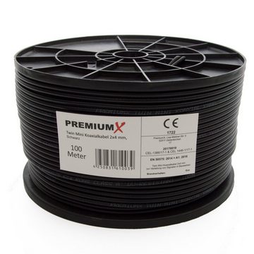 PremiumX 100 Meter Sat Koaxial Kabel Twin Mini 2x 4 mm Schwarz + 10x F-Stecker SAT-Kabel