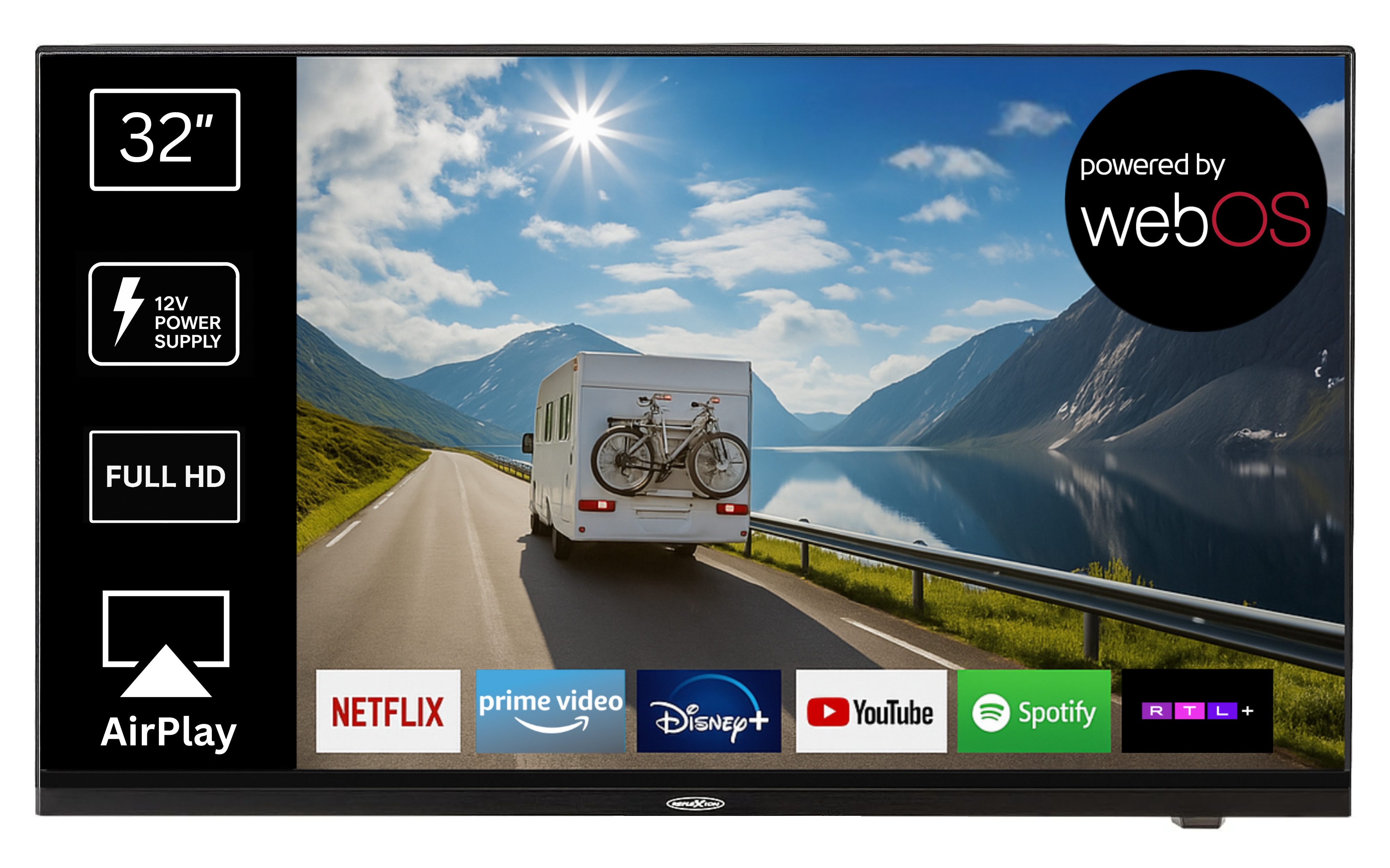 Reflexion LDDX32IBT BLACK LED-Fernseher (80 cm/32 Zoll, Full HD, Smart-TV, powered by webOS (LG), DC IN 12 Volt / 24 Volt, Netzteil 230 Volt, integrierter DVD-Player)