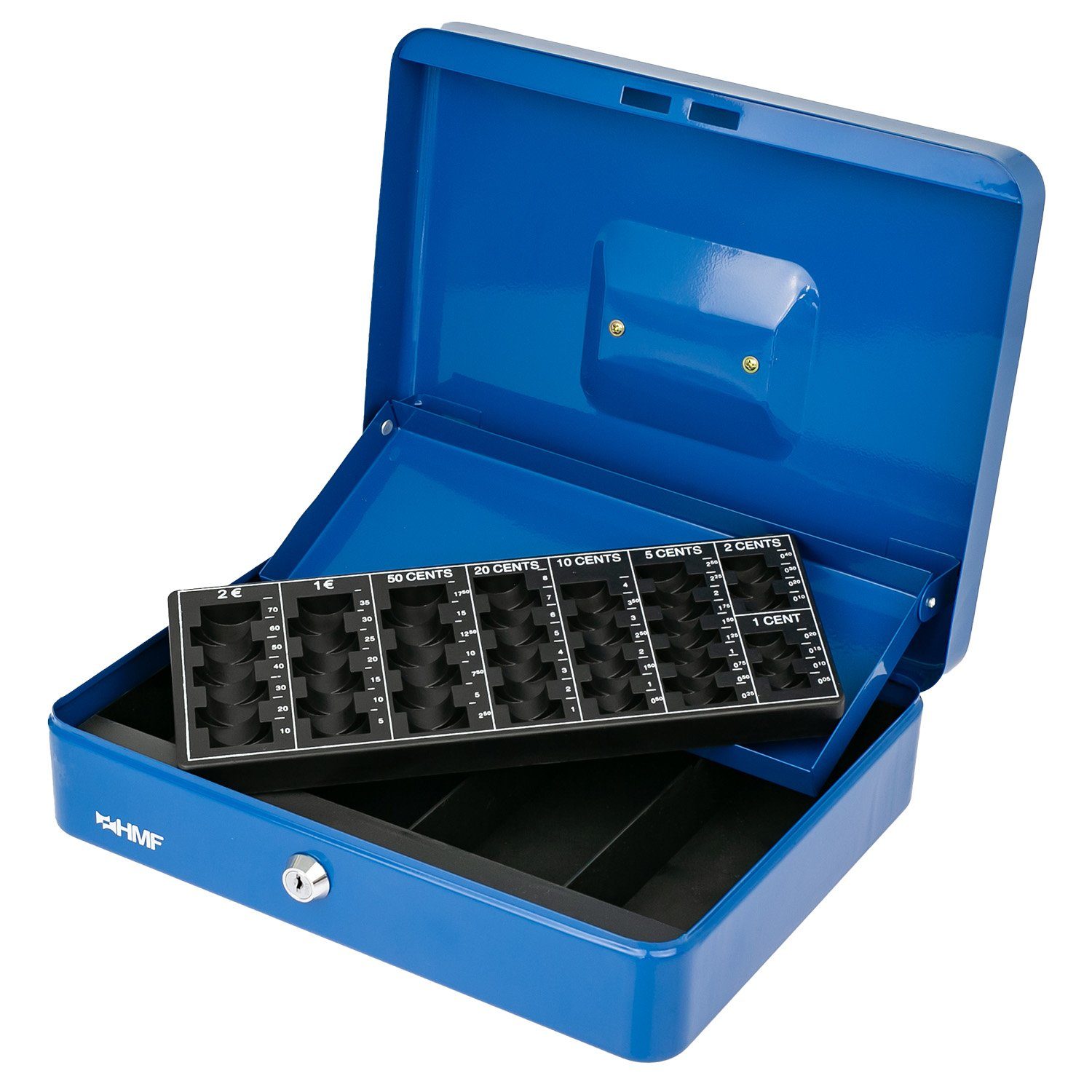 Scheinfach, mit Abschließbare HMF mit Münzzählbrett blau Schlüssel, und Geldbox Bargeldkasse robuste 30,5x24x8,5cm Geldkassette