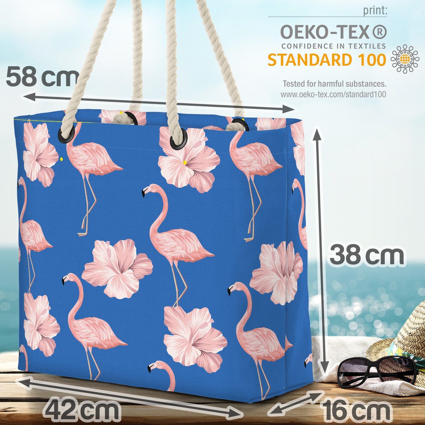 Sommer Süd Blau Flamingos Strandtasche VOID Bag (1-tlg), Blumen-Muster Tropen-Wald Beach Vogel Hibiskus