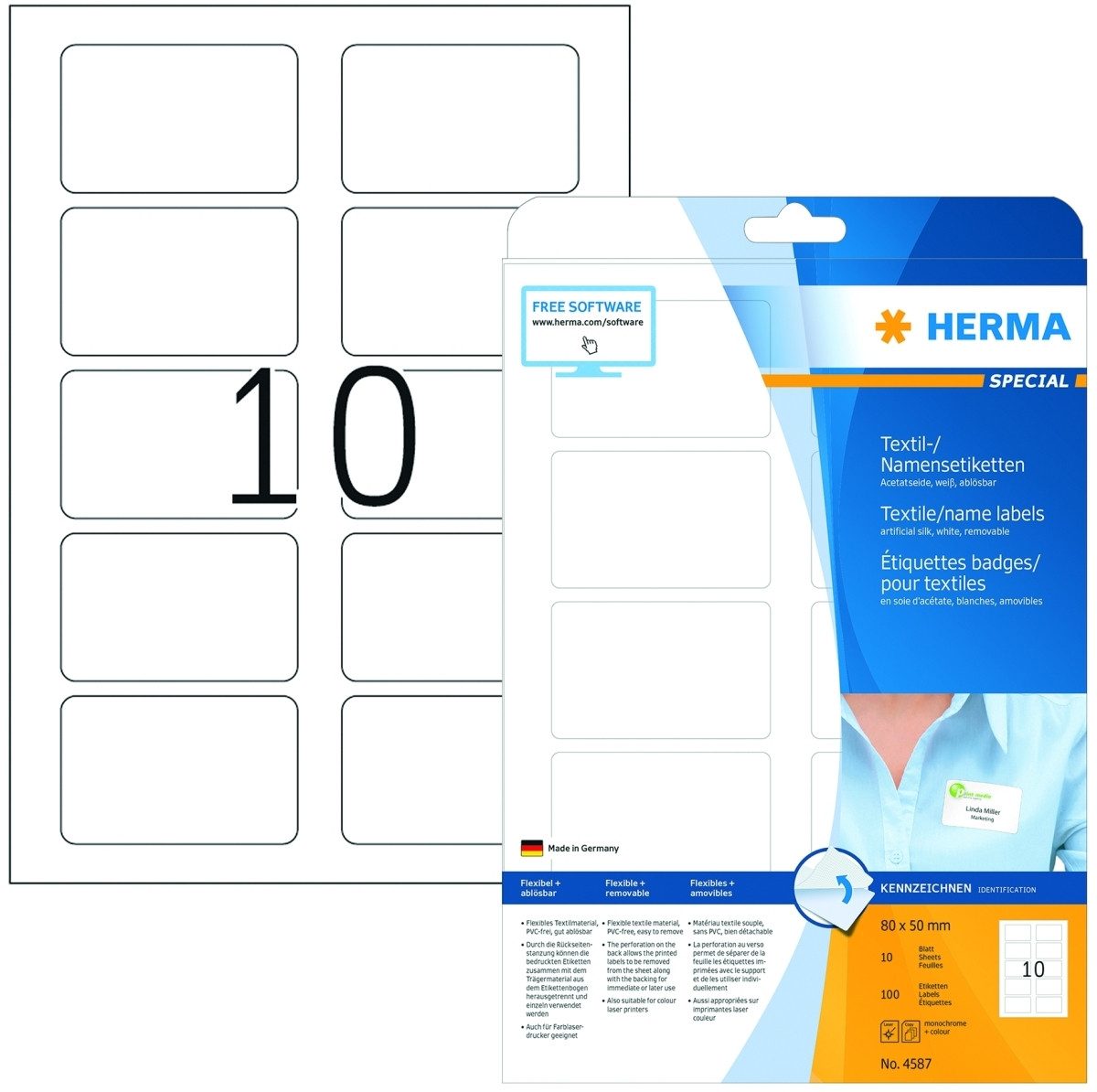 HERMA Etiketten Namens-/Textiletiketten Acetatseide weiß 80x50mm A4 VE=100 Stück