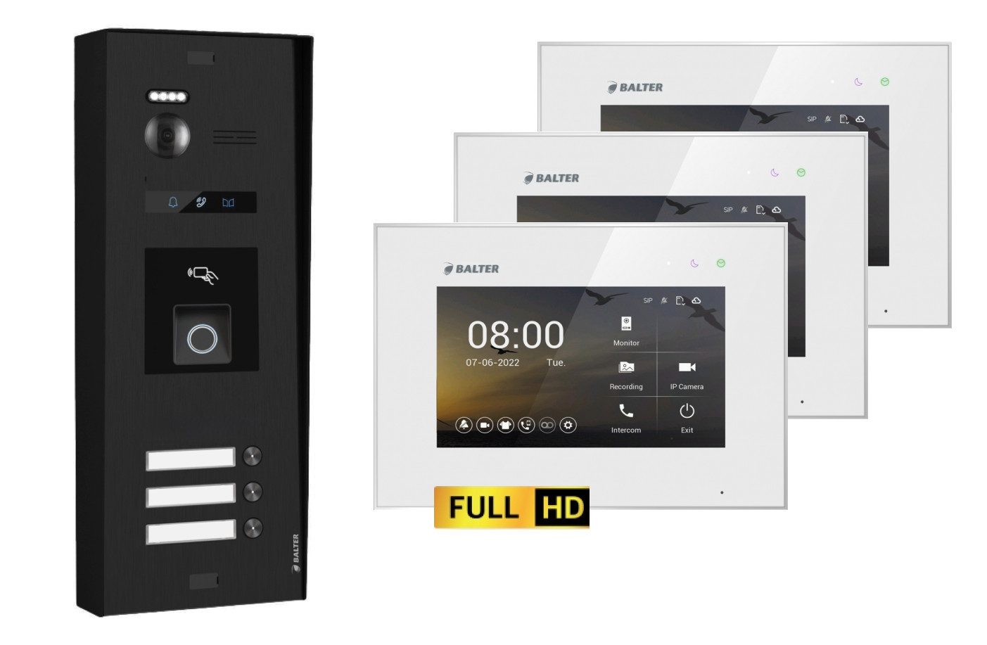 Balter Video-Türsprechanlage BALTER EVO-HD Aufputz Türsprechanlage 3-Familienhaus Schwarz Weiß (Set, 3-Familienhaus, Komplettset, Full HD 175° Kamera, Fingerprint, RFID)