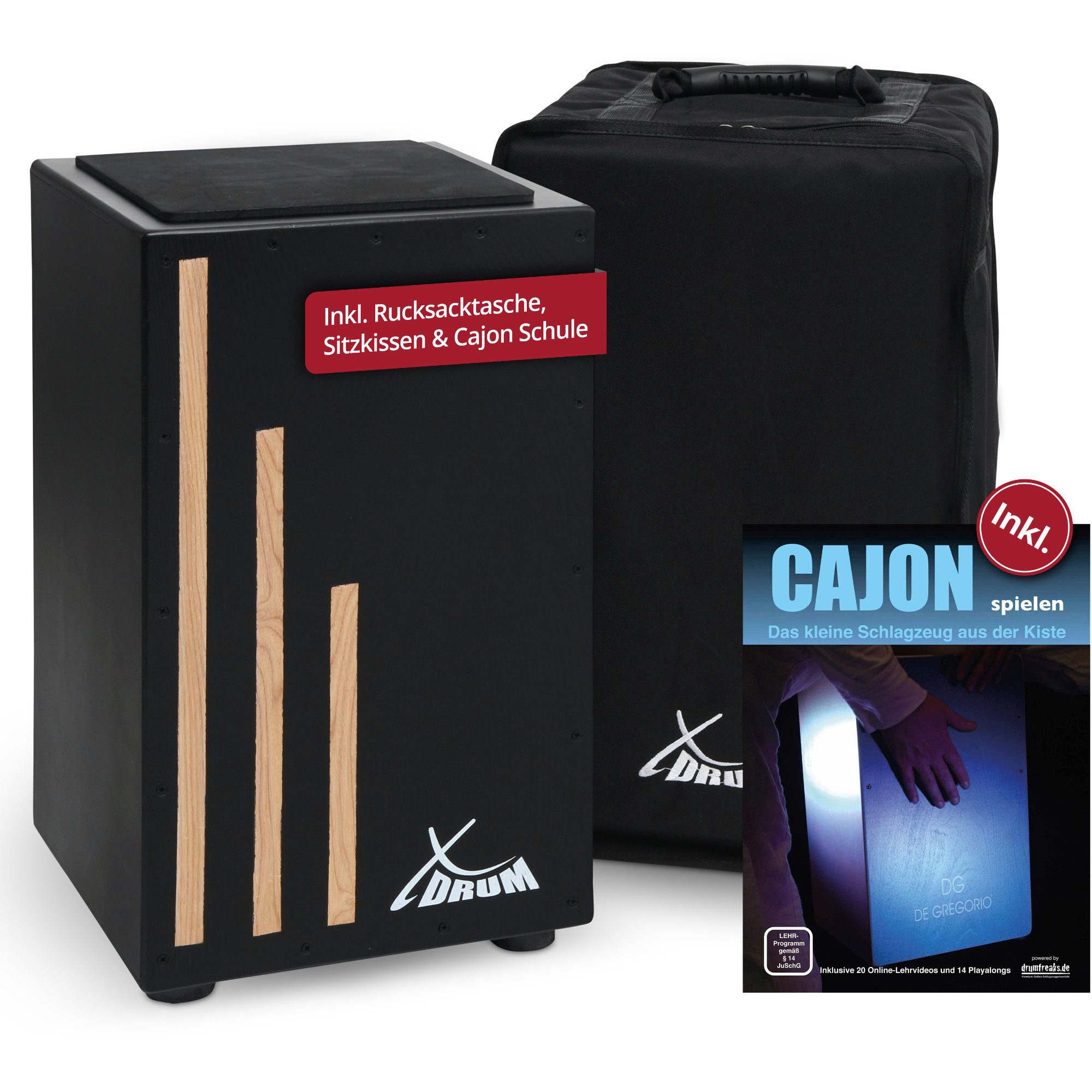 XDrum Cajon Cajon Primero Negra inkl. Cajonschule und Tasche, inkl. Rucksacktasche & Cajonschule, Trommelkiste mit Snare Sound