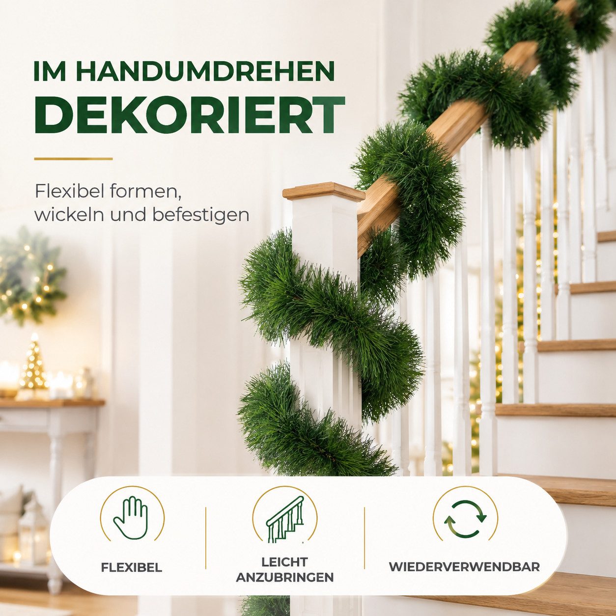 Kunstgirlande Künstliche Weihnachtsgirlande, 10 m lang, grün oder weiß, Weihnachtswunder®, Flexibel einsetzbar / Einfach zu formen – Bild 5 von 5