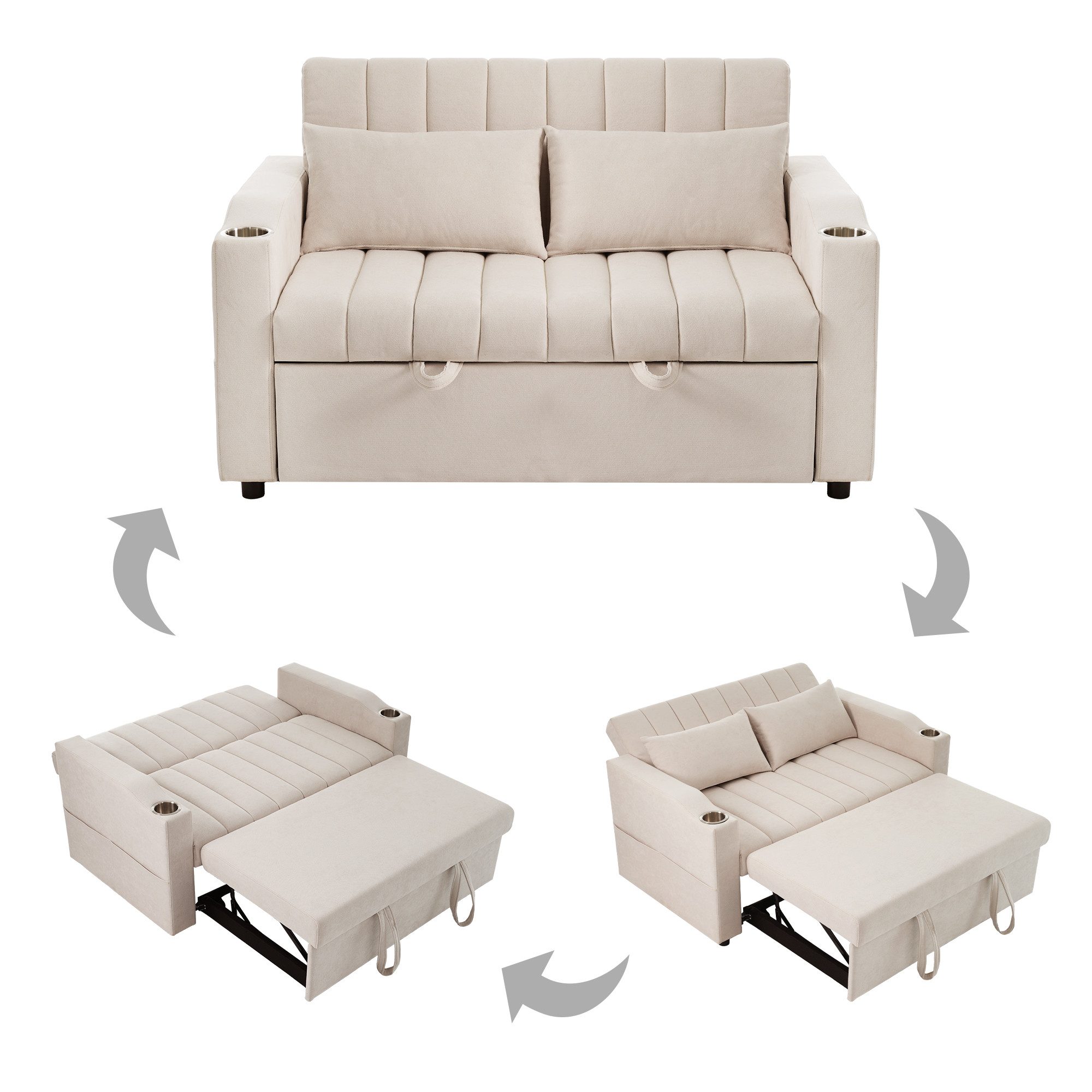 BlingBin Schlafsofa Ausziehbar Doppelsofa mit Schlaffunktion, Verstellbar Rückenlehne, Tragfähigkeit: 150kg/Sitz, Multifunktionssofa, Schlafcouch 1 Teile, Loungesofa mit Getränkehalter & Kissen für Wohnzimmer Wohnung, Beige