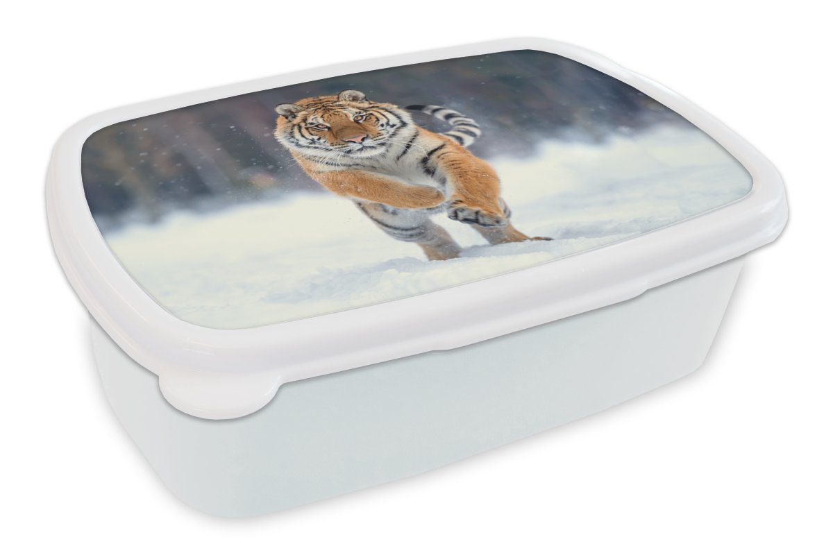 MuchoWow Lunchbox Tiger - Landschaft - Schnee - Tiere, Kunststoff, (2-tlg), Brotbox für Kinder und Erwachsene, Brotdose, für Jungs und Mädchen weiß