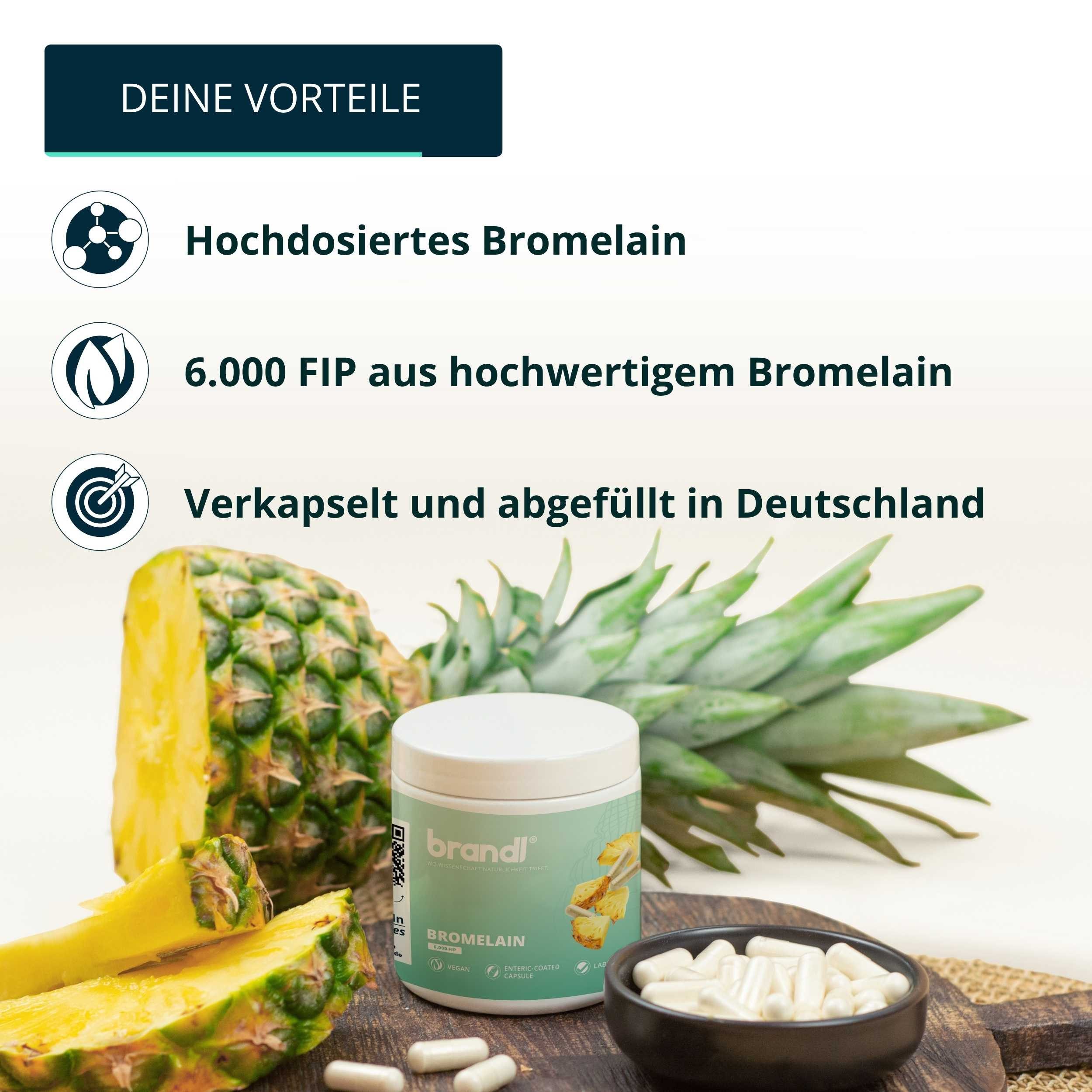 Brandl Nutrition Bromelain Kapseln hochdosiert - Natürliche Enzyme aus der Ananas Kapseln, Bromelain Kapseln mit je 600mg Ananas Enzym, laborgeprüft