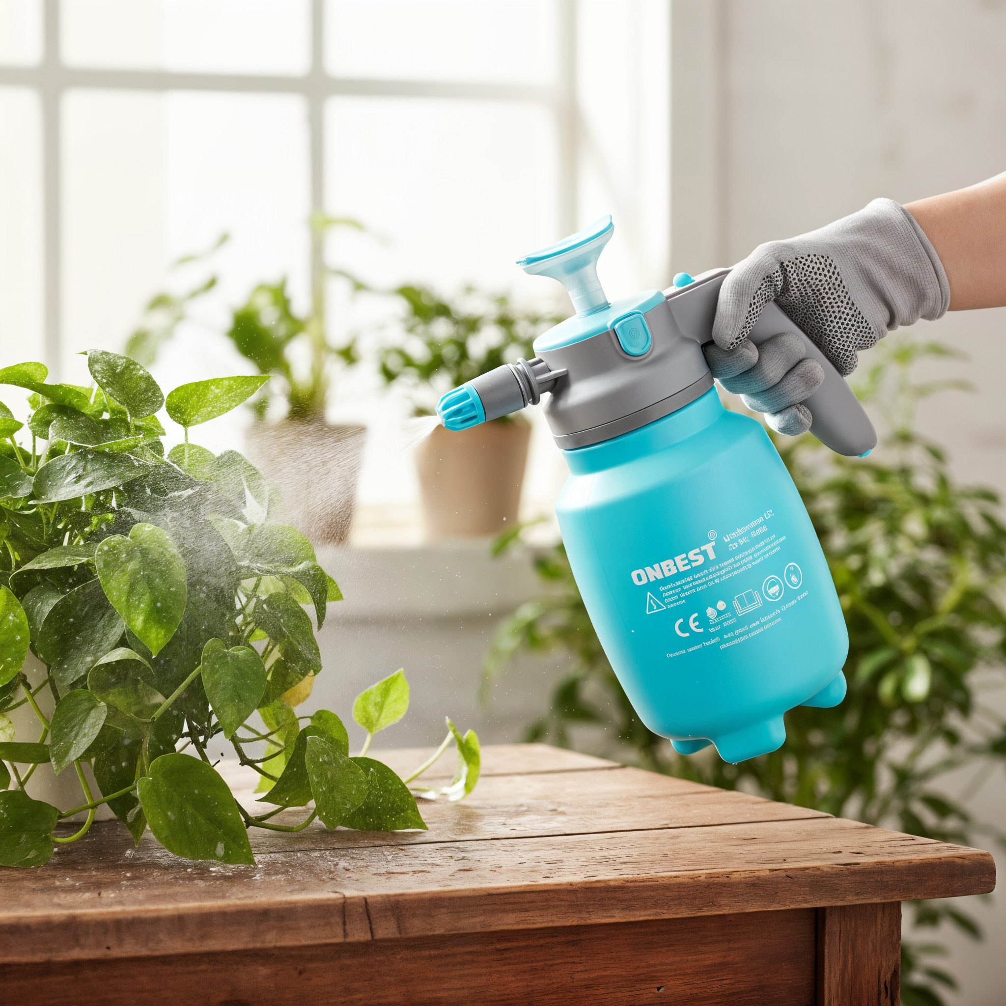 Onbest Drucksprühgerät 1,5 Liter mit Ersatz-Dichtring, Sprühlanze, Anti-Rutsch-Griff, Füllstandsanzeige, Entlüftungsventil, 0,52 kg, verstellbare Düse