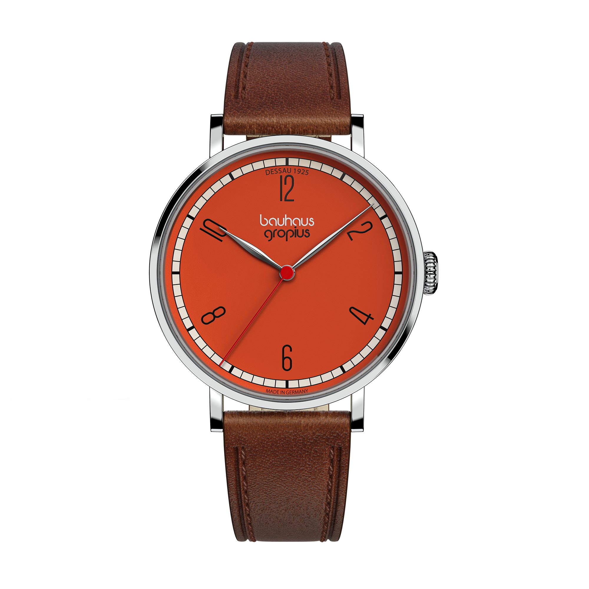 Walter Gropius Quarzuhr Made in Germany, Damenuhr, Herrenuhr, Unisex, Saphirglas - WGN 003-06, Armbanduhr, Lederarmband, Edelstahlgehäuse, New Bauhaus Dessau 1925