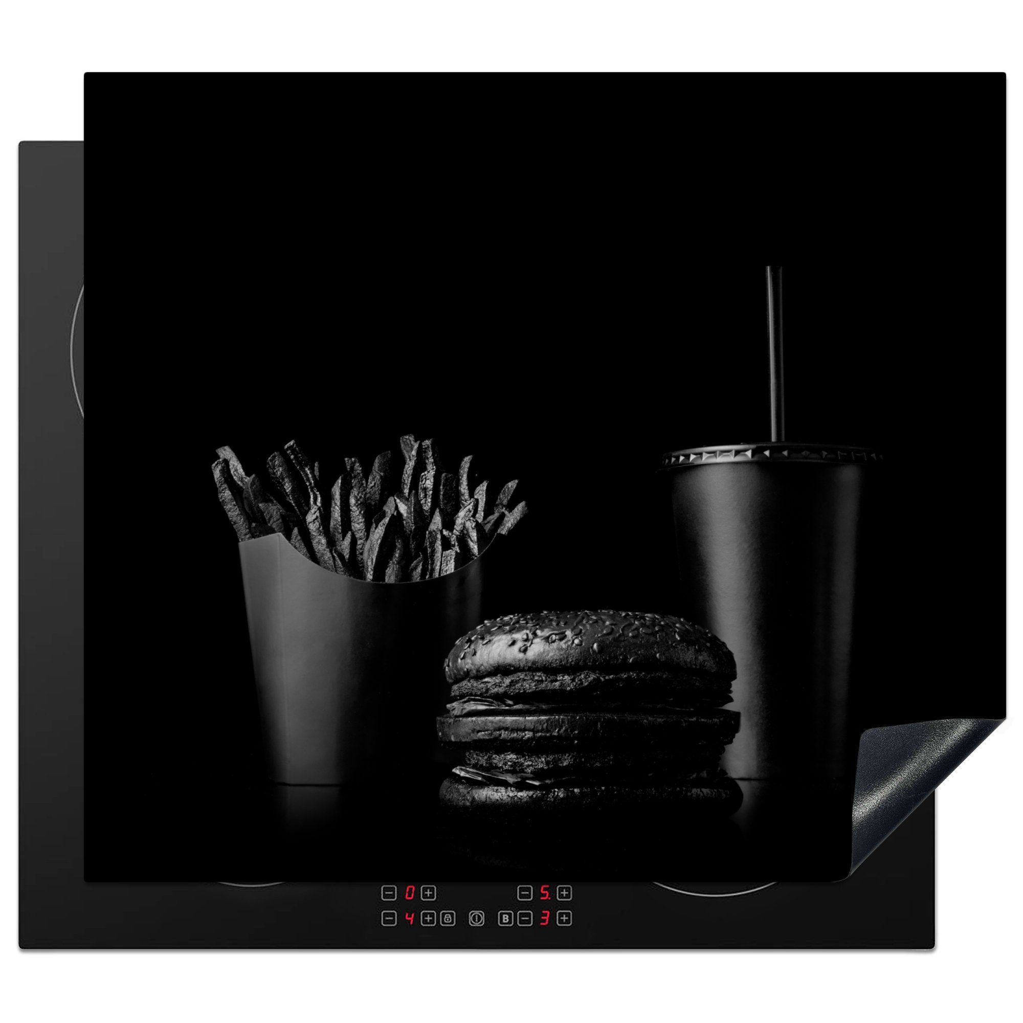 MuchoWow Herdblende-/Abdeckplatte Fastfood-Mahlzeit mit Burger und Pommes frites in Schwarz-Weiß, Vinyl, (1 tlg), 60x52 cm, Mobile Arbeitsfläche nutzbar, Ceranfeldabdeckung