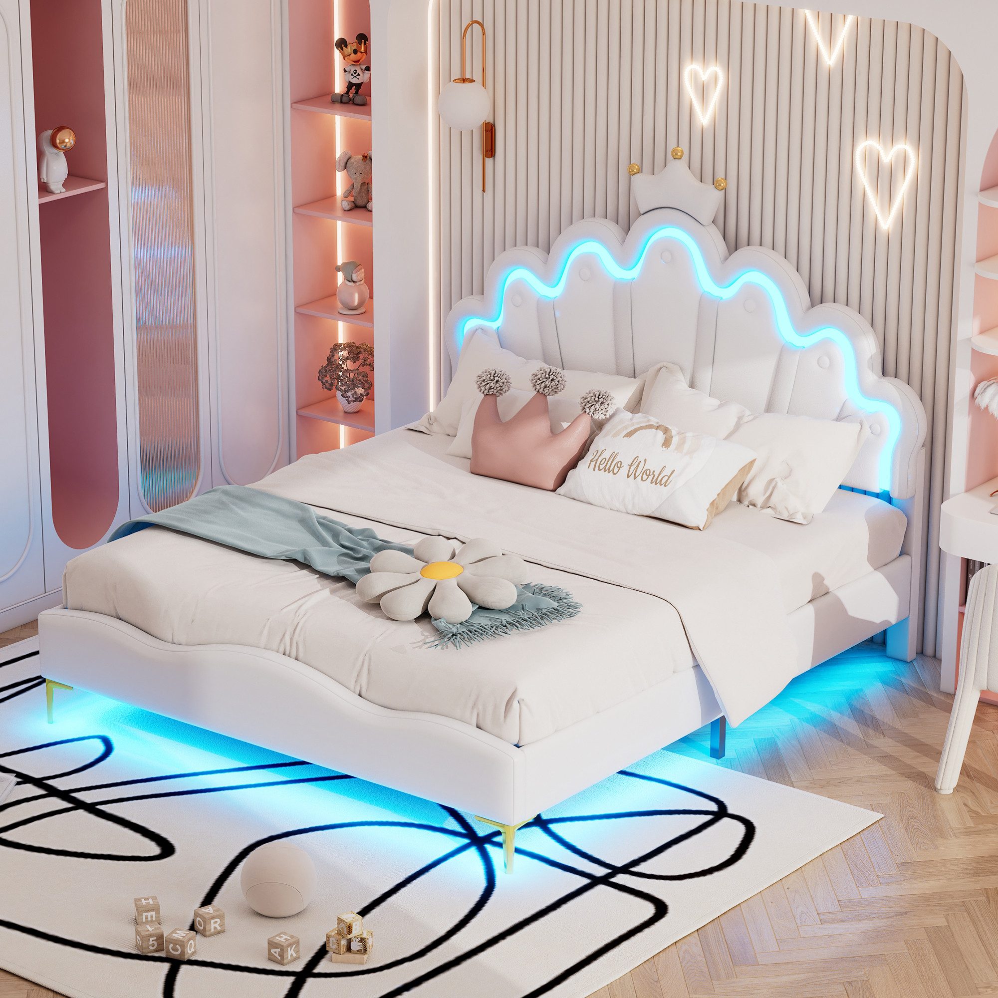 Flieks Polsterbett, LED Kinderbett Doppelbett mit krone-Form Prinzessinnenb günstig online kaufen