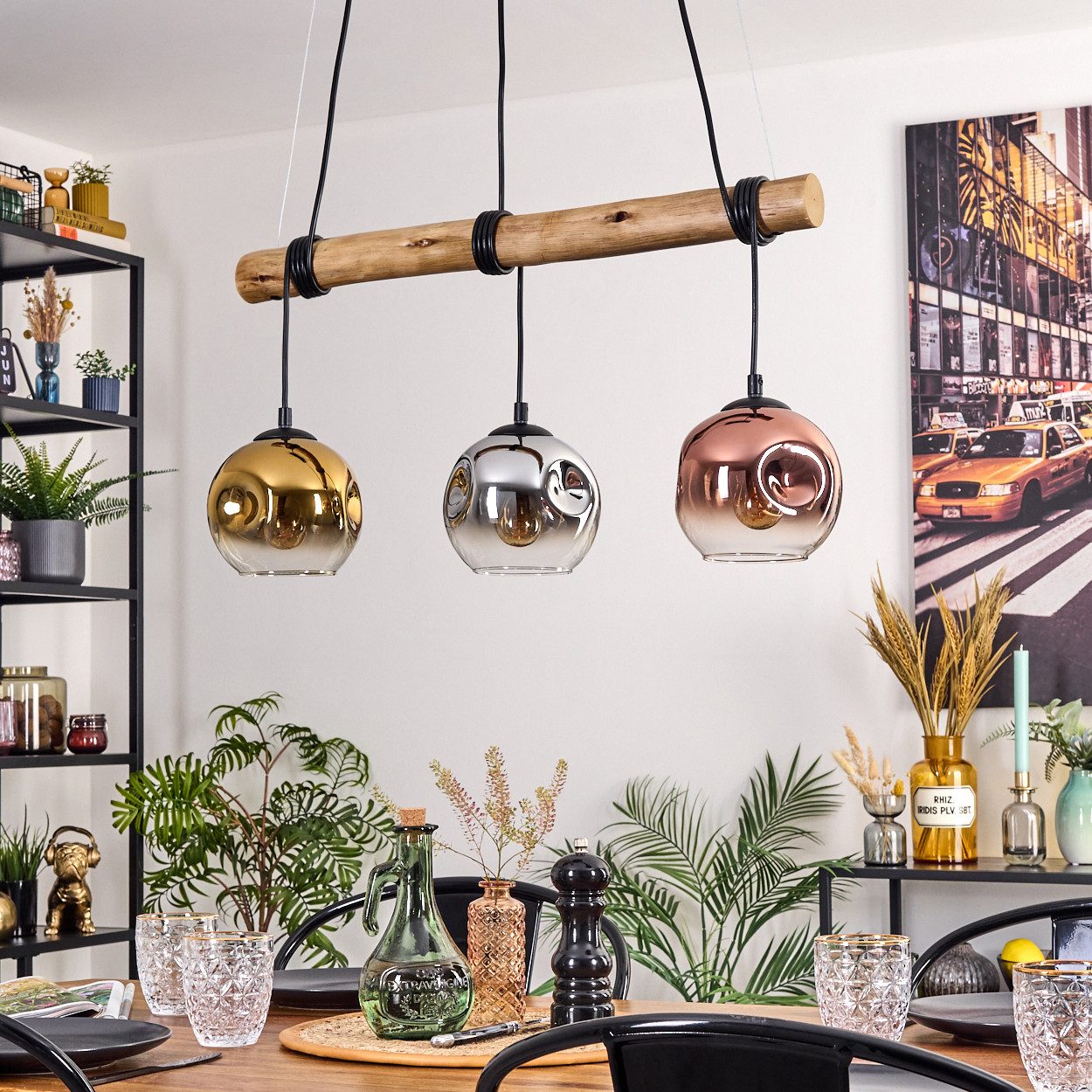 hofstein Pendelleuchte Hängelampe aus Metall/Holz/Glas in Natur/Chrom/Rauch/Kupfer/Gold/Klar, Hängeleuchte im Retro/Boho Design mit Glasschirmen und Holzbalken, E27