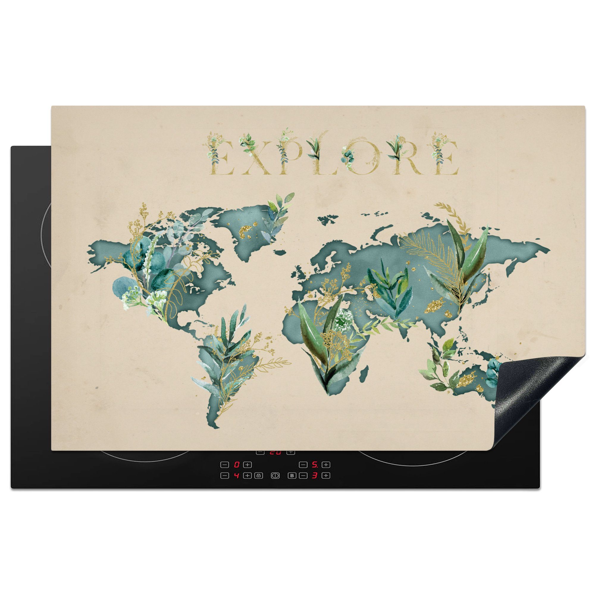 MuchoWow Herdblende-/Abdeckplatte Weltkarte - Erkunden - Gold, Vinyl, (1 tlg), 81x52 cm, Induktionskochfeld Schutz für die küche, Ceranfeldabdeckung