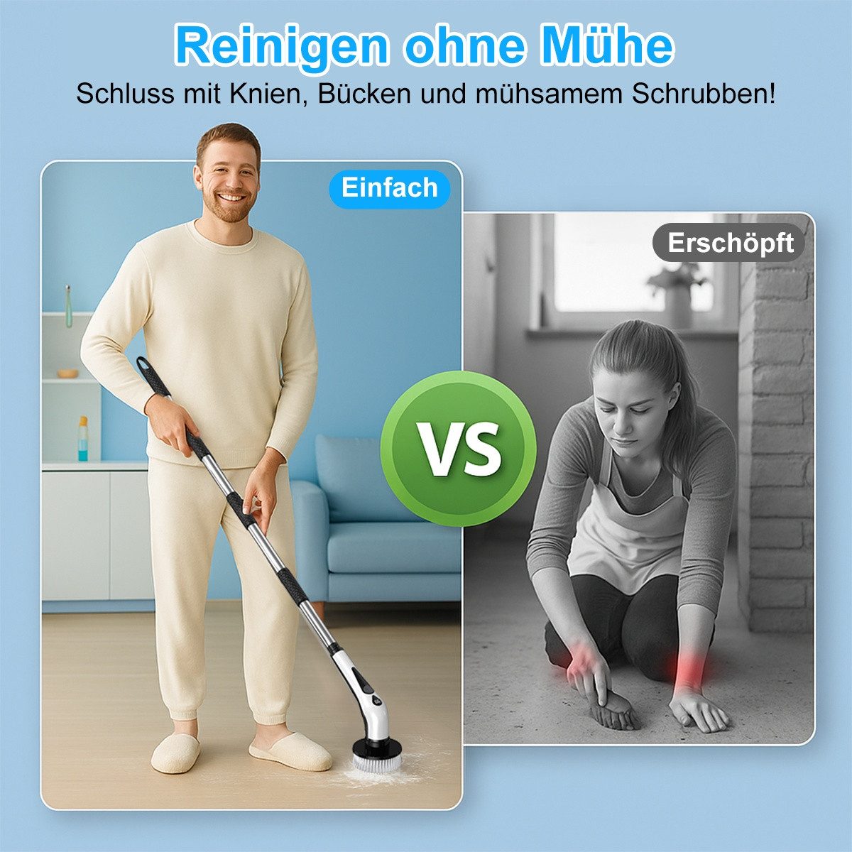 PRASKY Reinigungsbürsten-Set Elektrische Reinigungsbürste mit 9 austauschbaren Bürstenköpfen, Fliesen, Laminatböden, Fenster, Autos, (Mehrere abnehmbare Teile badebürste elektrisch, Teppichreiniger, Akku-Oberflächenbürste mit 9 Bürstenköpfen), 30-130 cm Verlängerungsrohr, LED-Batteriestandsanzeige