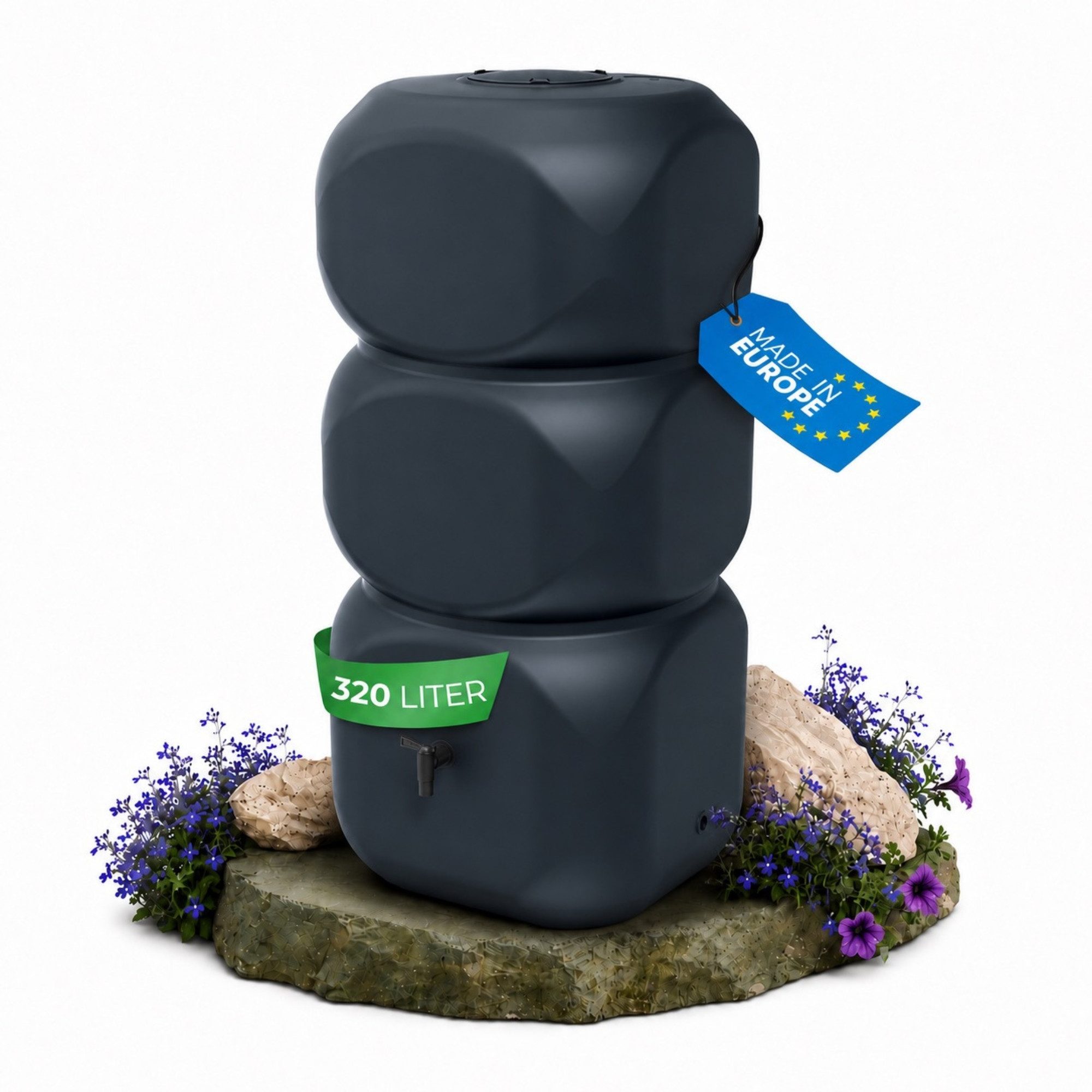 YourCasa Regentonne 320 -350 Liter [Aquablock] Regenfass aus Kunststoff mit Deckel, 320 l, 58x58x118cm, mit Deckel, 5 Anschlüsse