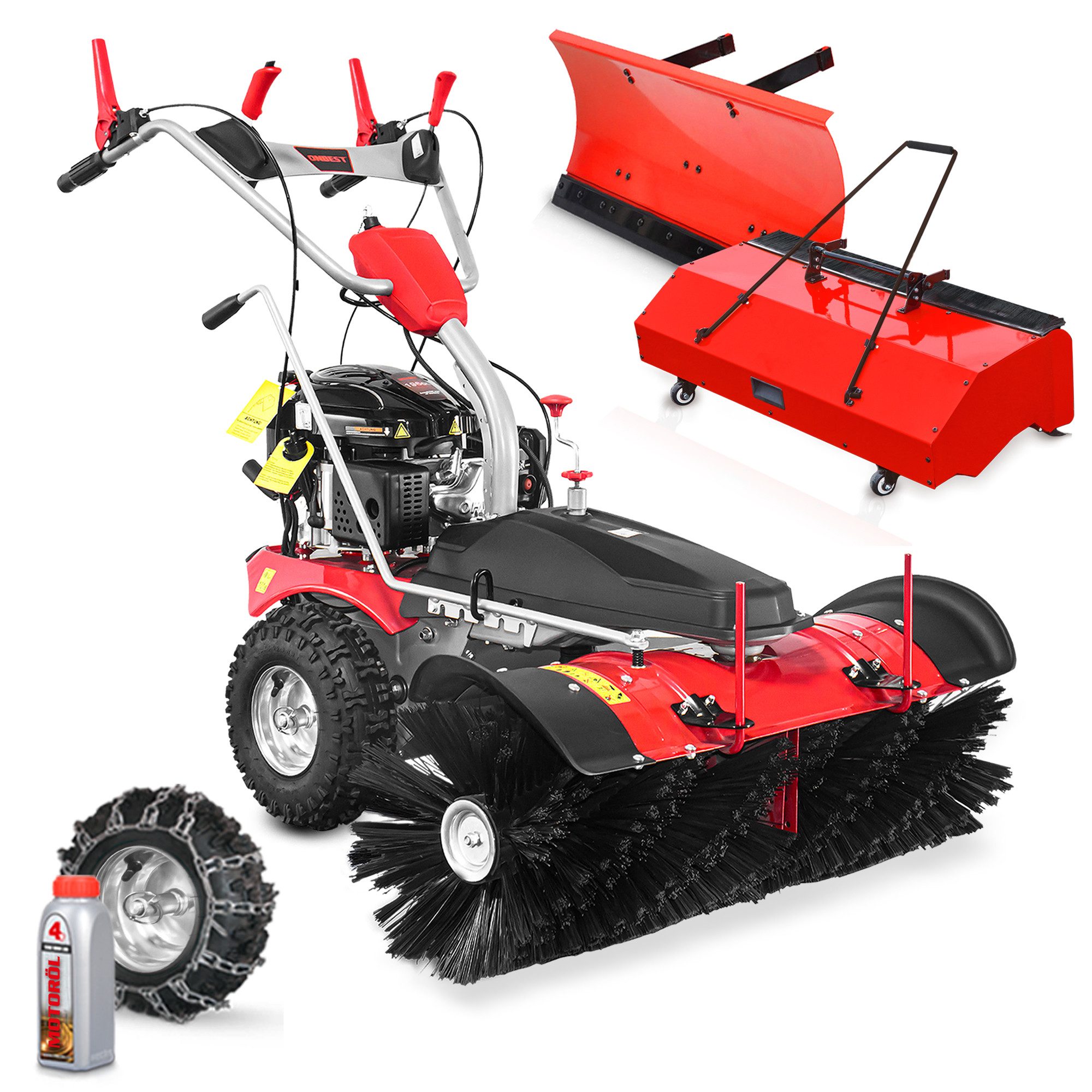 Onbest Benzin-Kehrmaschine S-100 LE mit Auffangbox Schneeschild Schneeketten, 100,00 cm Arbeitsbreite, Elektrostart, 6,5 PS, inklusive Öl