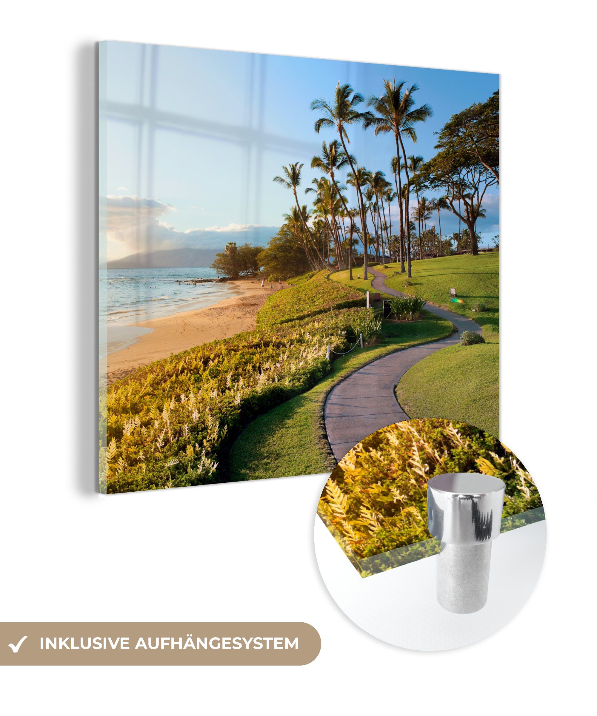 (1 Palmen, Foto Glasbilder Acrylglasbild Wanddekoration Weg St), - Bilder Strand Wandbild - Glas - - auf - auf Glas MuchoWow