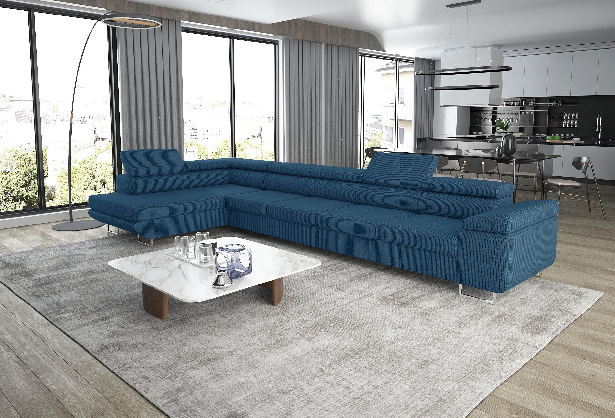 thematys Ecksofa ASTON MAXI 405 x 203cm mit Schlaffunktion & Bettkasten –, L-Sofa mit verstellbaren Kopfstützen, Samt (Monolith), Cord (Poso) - L-Form, XL-Wohnlandschaft, 405 cm breit