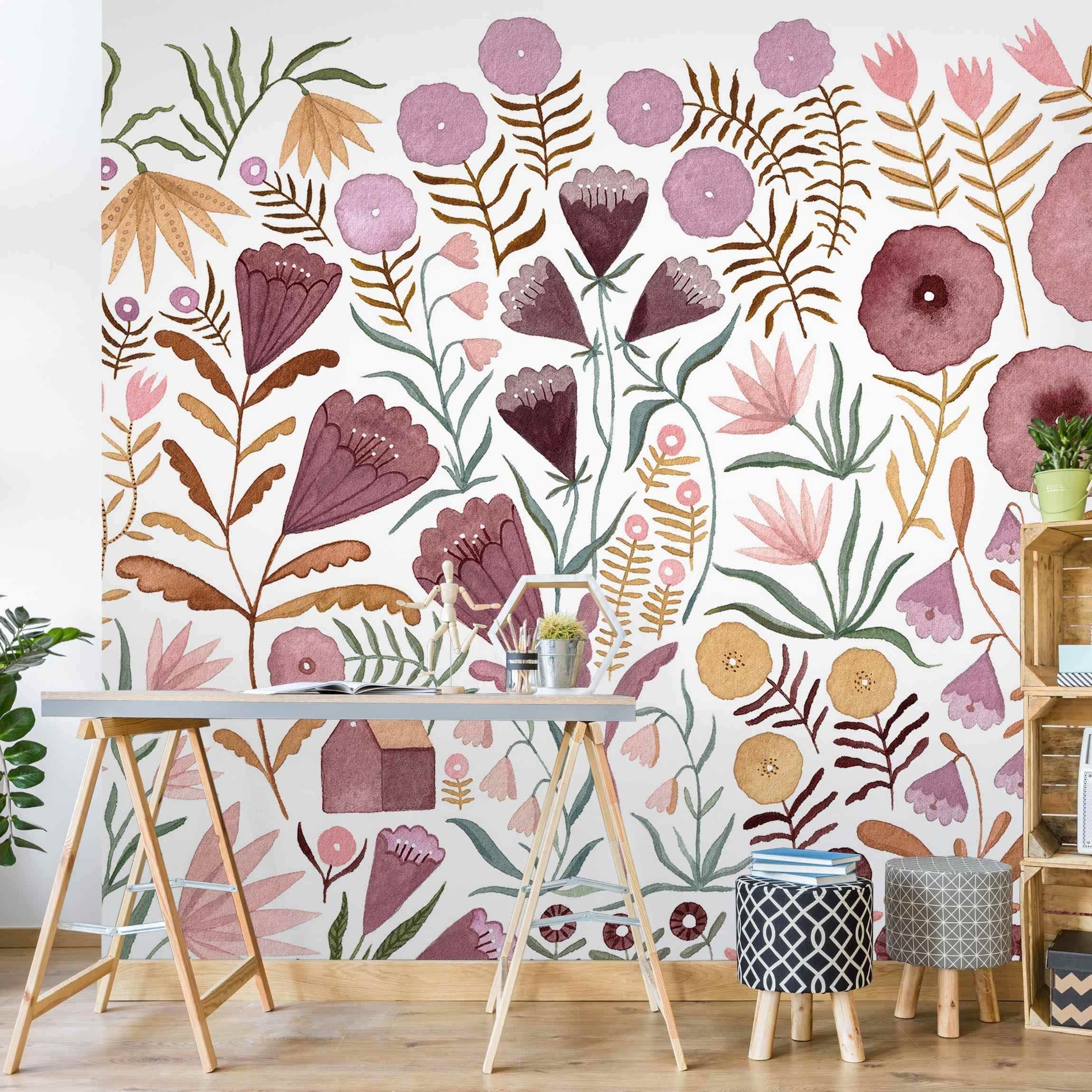 Bilderdepot24 Fototapete Blumen Claudia Voglhuber Blumenmeer Blumentapete Floral Natur modern, Glatt, Matt, (Vliestapete inkl. Kleister oder selbstklebend), Wohnzimmer Schlafzimmer Küche Flur Motivtapete Vliestapete Wandtapete