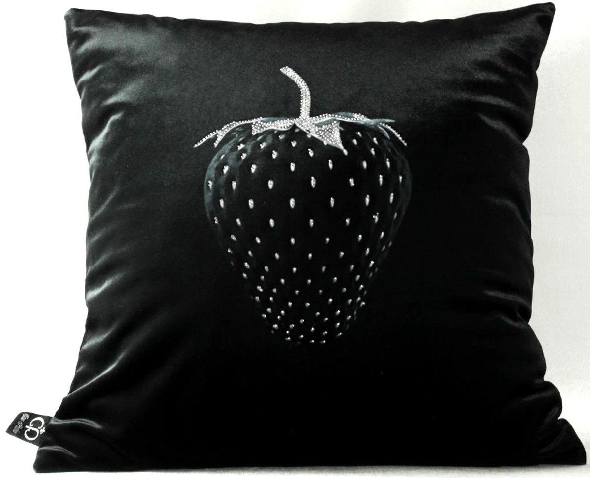 Casa Padrino Dekokissen Luxus Deko Kissen Strawberry mit Bling Bling Glitzersteinen Schwarz / Silber 45 x 45 cm - Feinster Samtstoff - Luxus Deko Accessoires