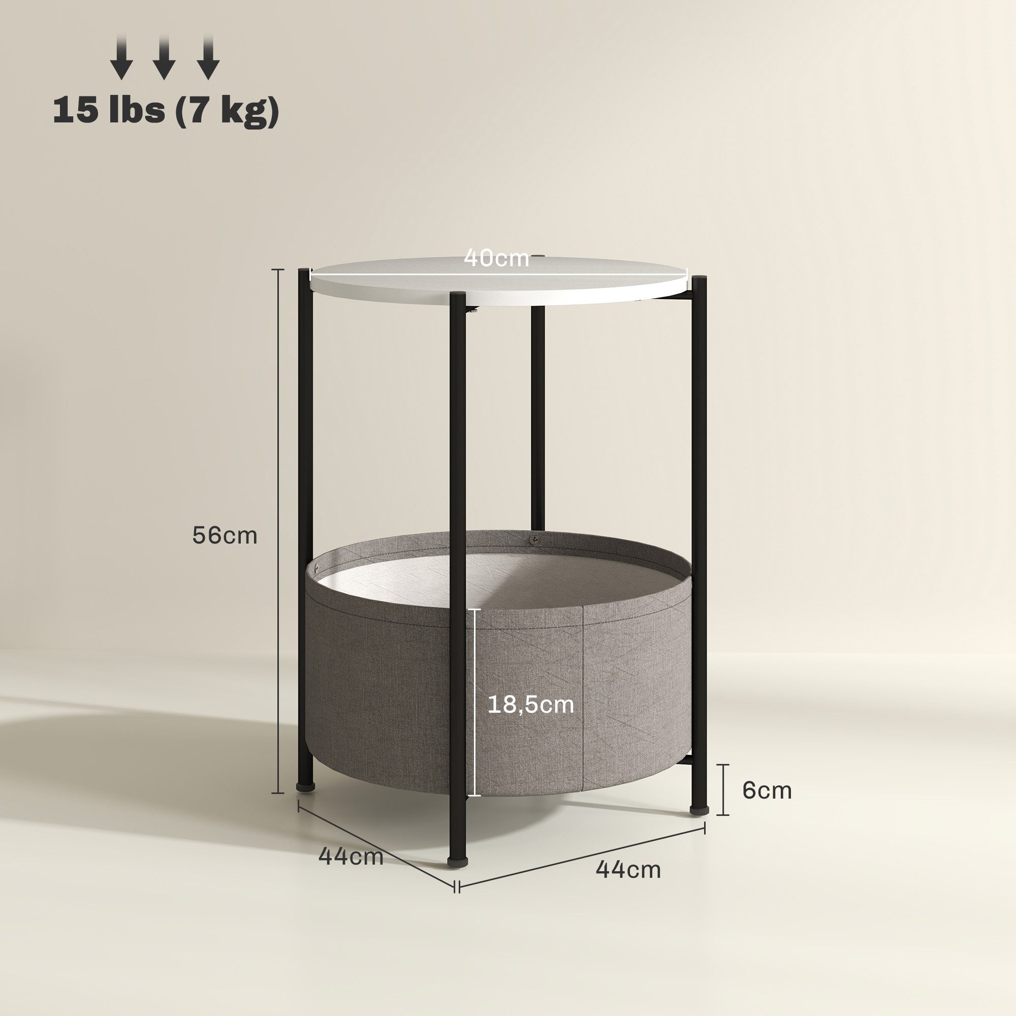 HOMCOM Beistelltisch mit Korb aus Stoff, Stauraum, Rund (Couchtisch, 1-St., Kaffeetisch), für Wohnzimmer, Schlafzimmer, 44 x 44 x 56 cm, Stahl, Grau+Weiß