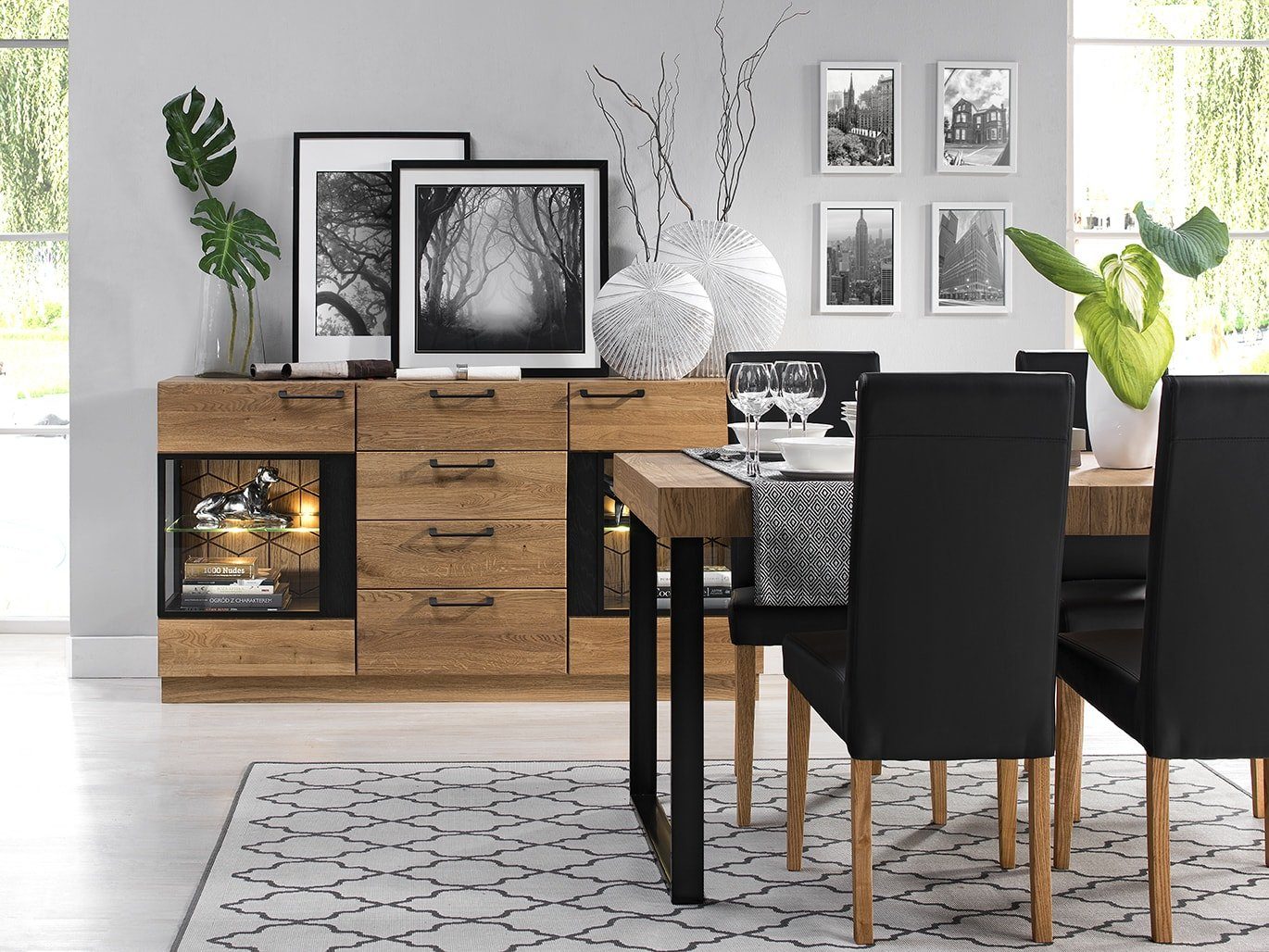 Stylefy Esstisch Marakesh Tisch), ausziehbar, Skandinavisch Schwarz Honig Eiche aus Massivholz, Massivholz Design, (Esstisch, Matt Metall rechteckig