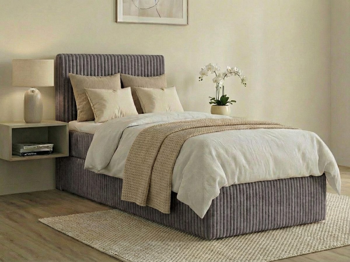 A&J MöbelLand GmbH Boxspringbett Einzelbett RALFI mit Bettkasten und gepolstertem Kopfteil (Boxspringbett mit Bettkasten und gepolstertem Kopfteil – wahlweise mit Visco- oder T25-Topper)