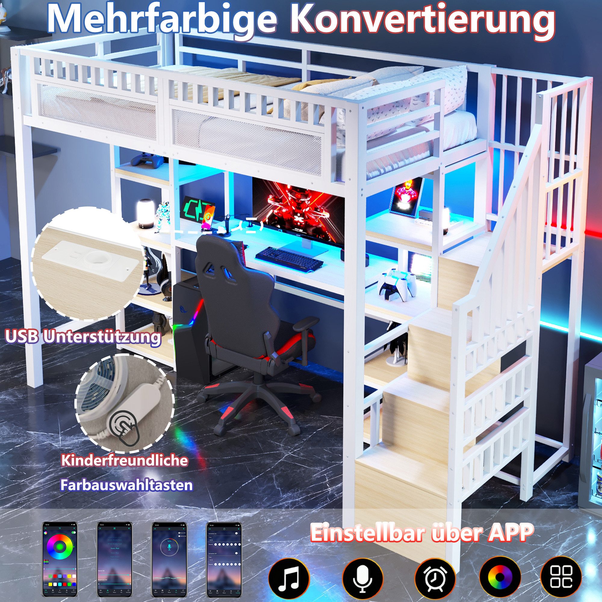 Odikalo Hochbett Multifunktionales Hochbett mit Schreibtisch & Stufenschrank (LED-Lichtleiste, USB-Anschluss inklusive,ohne Matratze, 90x200 140x200CM, schwarz/weiß) Metallgestell mit Holzoptik,Inklusive Lattenrost & Sicherheitsgeländer