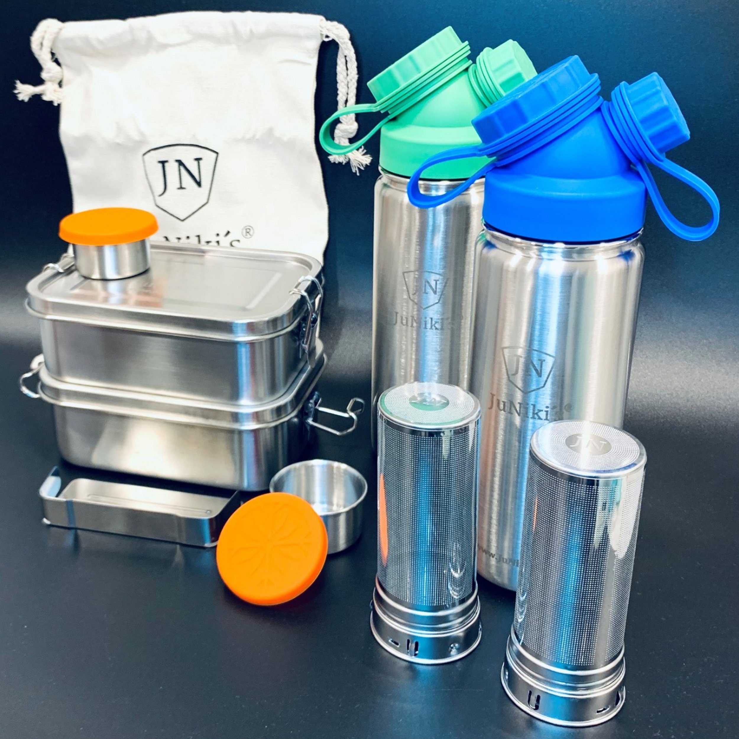 JN JuNiki´s Lunchbox Premium-Schüler-Set aus Edelstahl, Edelstahl, 2er-Spar-Set: Je 2x JuNiki´s® Lunchbox + Trinkflasche isoliert 550ml + Teefilter Grün-Blau