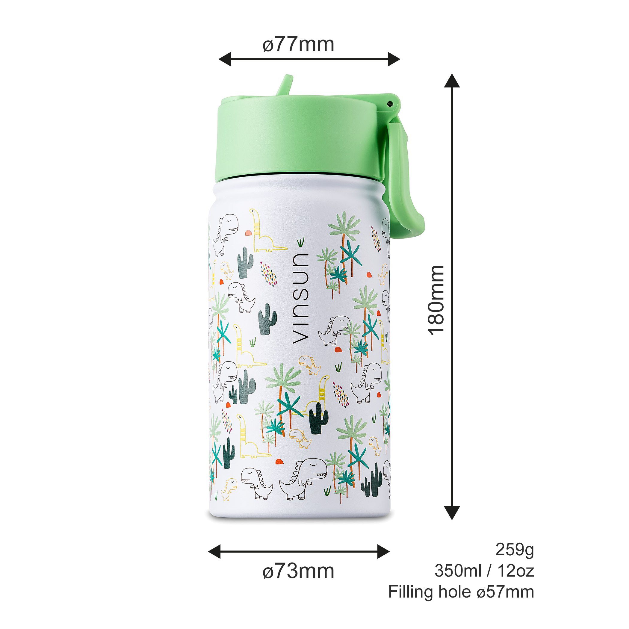 Vinsun Trinkflasche Trinkflasche Kinder 350ml - Auslaufsicher mit Strohhalm - Dinosaurier, BPA frei, auslaufsicher, bruchsicher, Geruchs- und Geschmacksneutral
