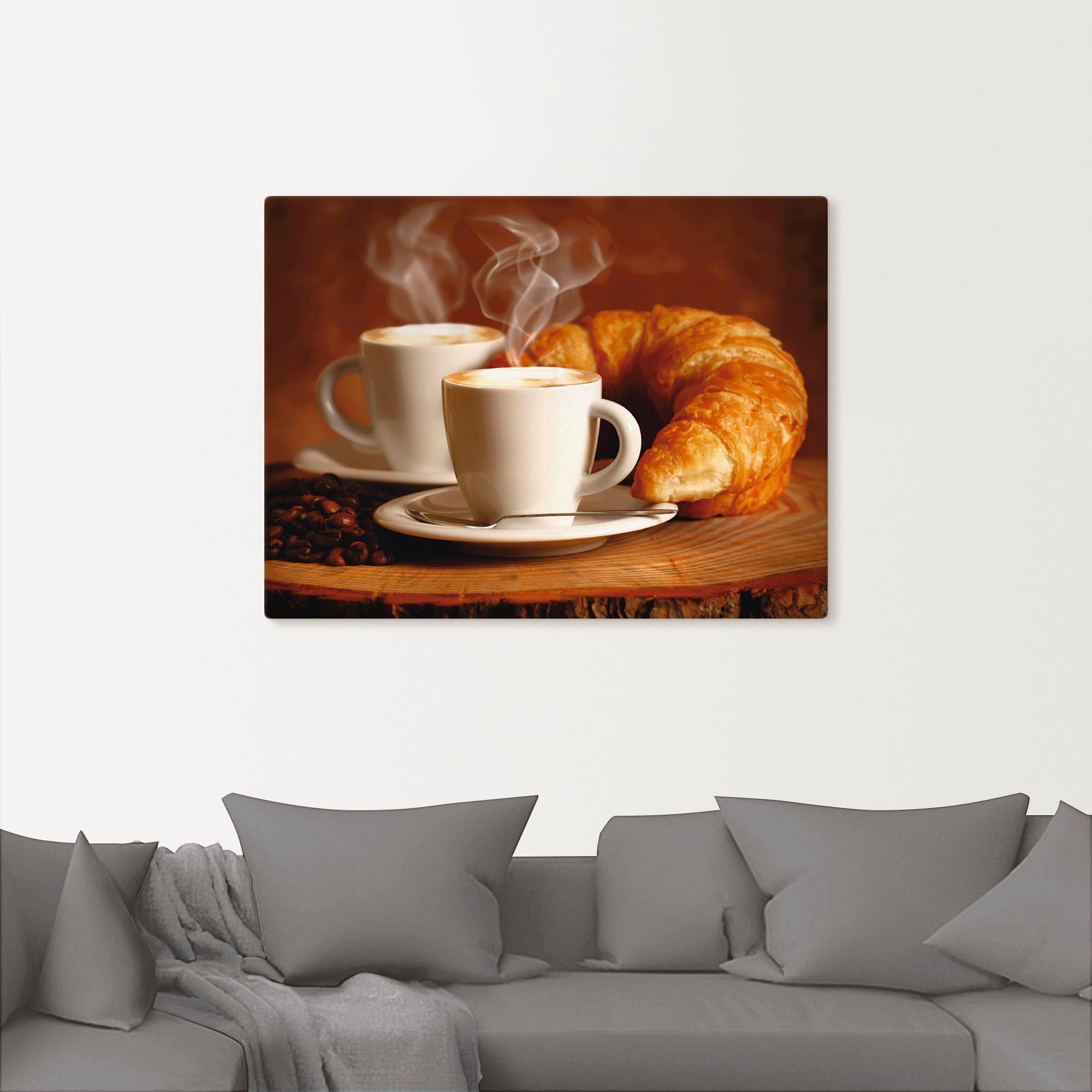 Artland Leinwandbild Dampfender Cappuccino und Croissant, Getränke (1 St), auf Holzrahmen gespannt