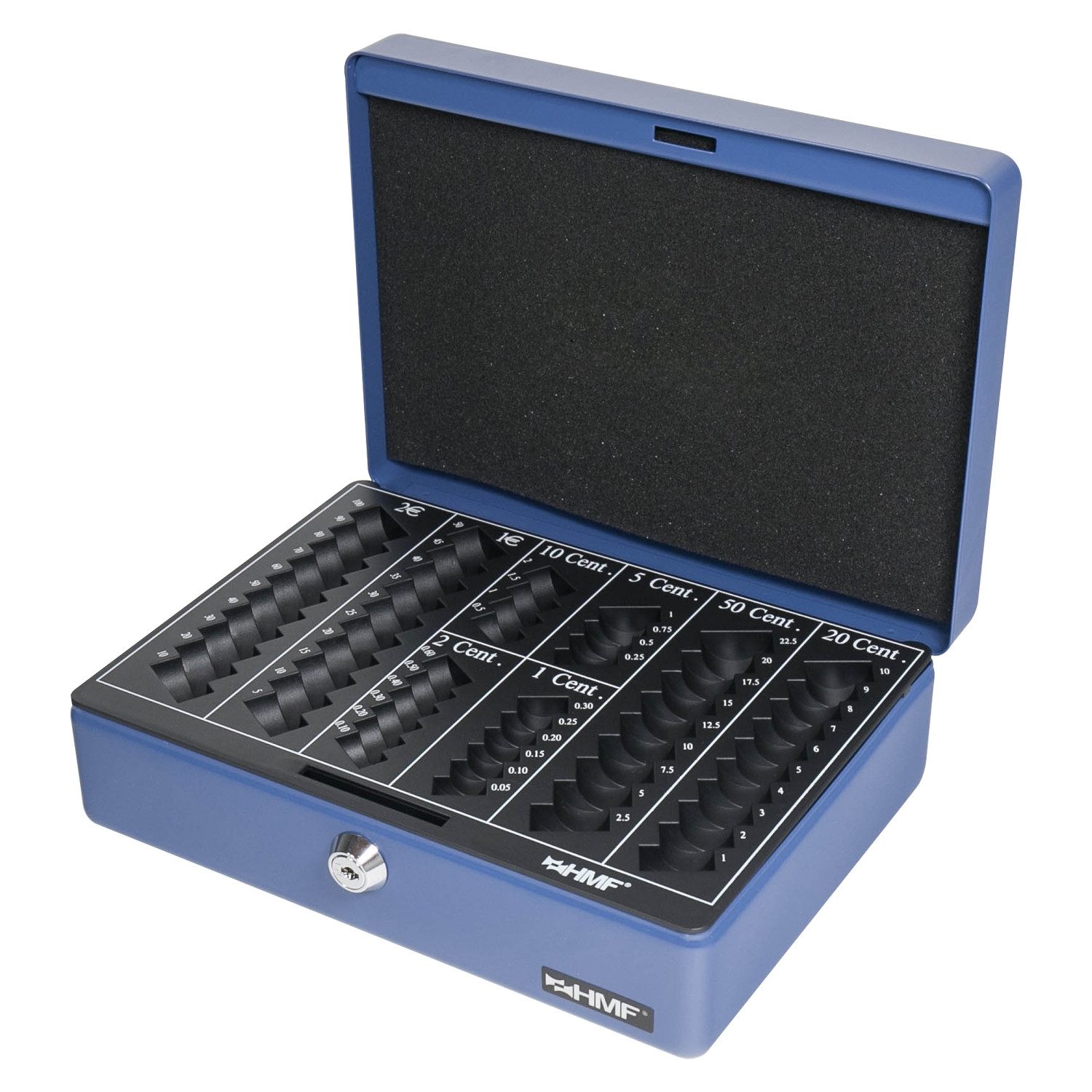 HMF Geldkassette Abschließbare Bargeldkasse mit Euro-Münzzählbrett, hochwertige Geldbox mit Schlüssel, 25 x 18 x 9 cm, blau