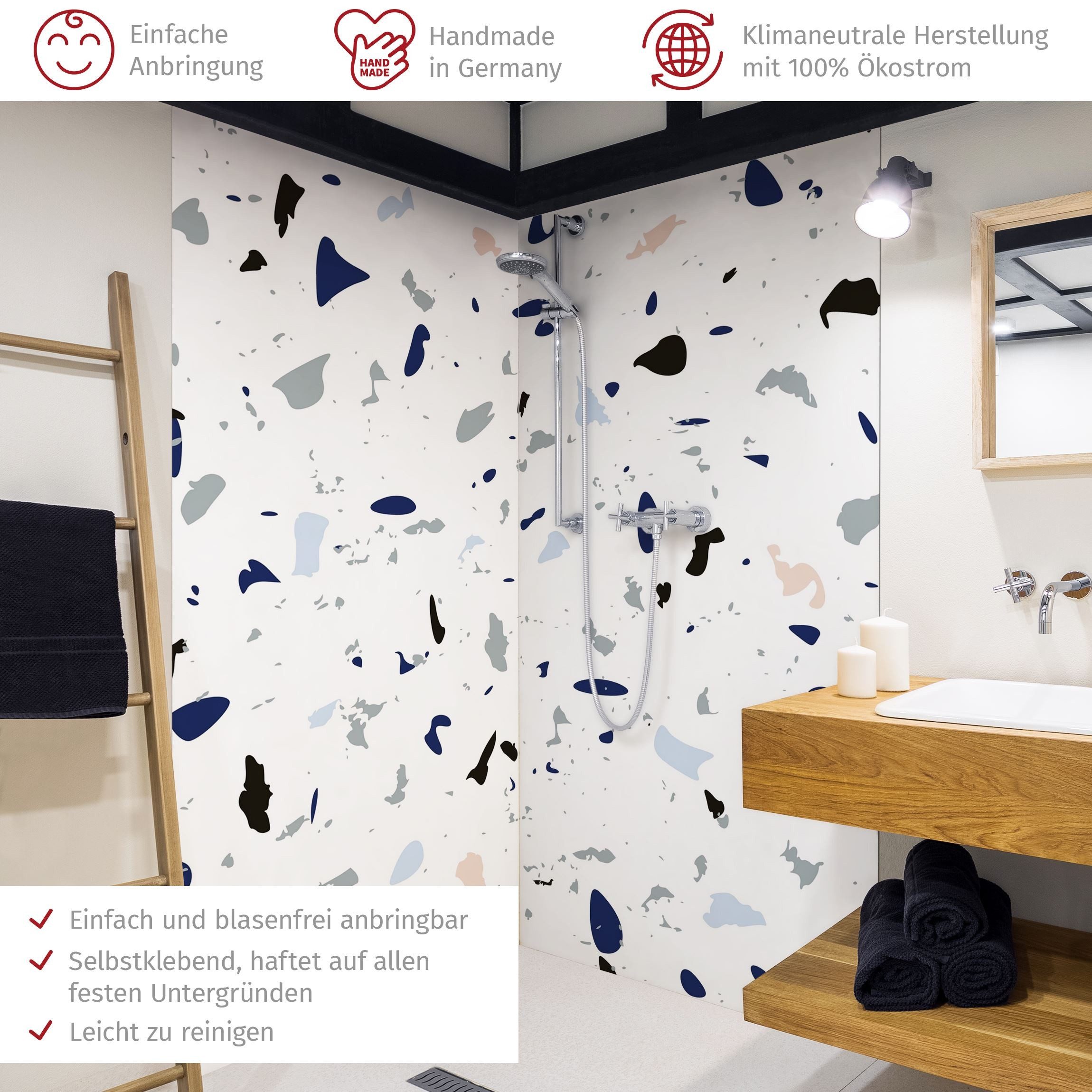 Thumbnail - Bilderdepot24 Badrückwand Terrazzo blau Duschrückwand ohne Bohren Dusche Muster, (2-tlg., Hart-Folie Premium matt 0,61 m...