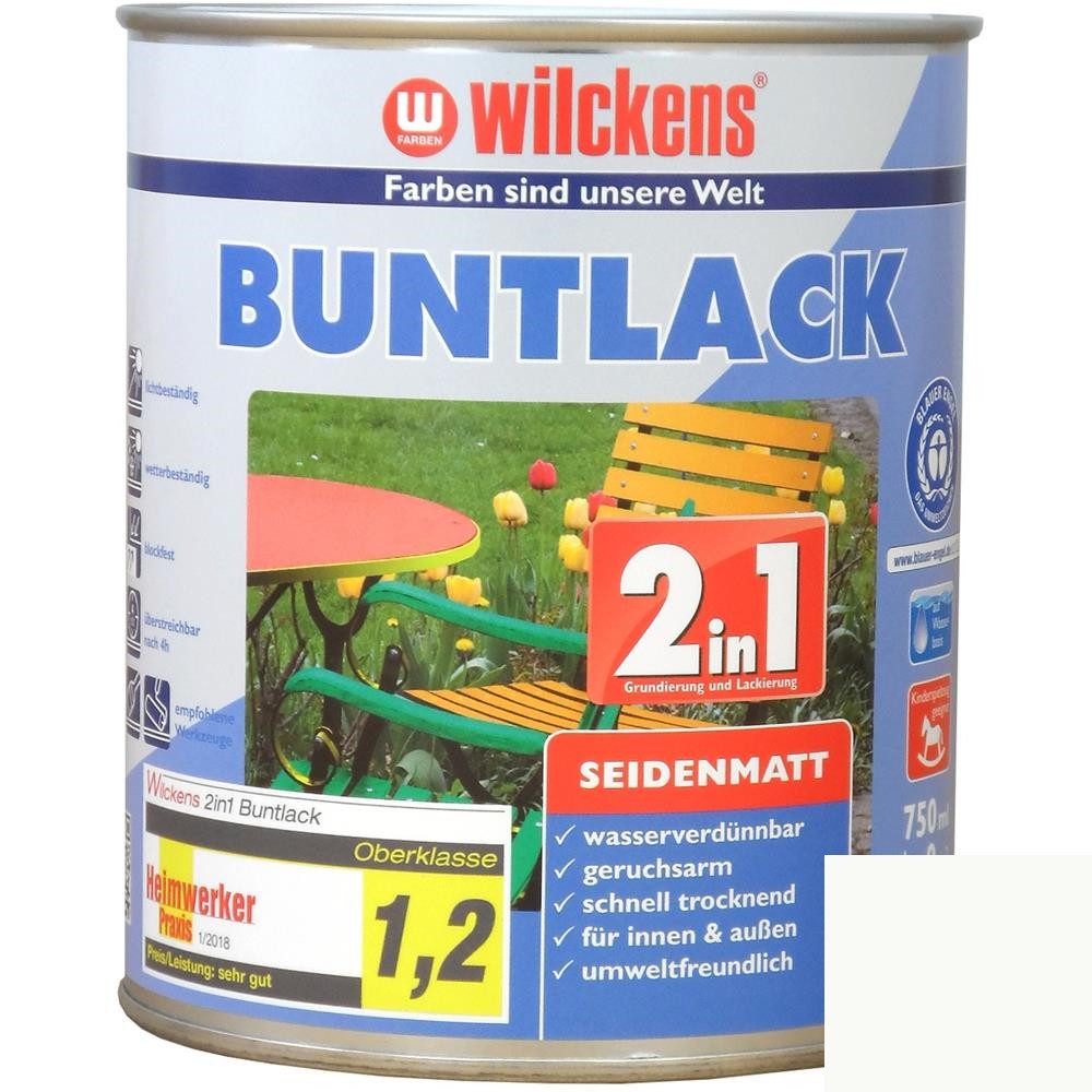 Wilckens Farben Acryl-Buntlack Buntlack 2in1 Lack, seidenmatt, Reinweiß RAL 9010, 750 ml