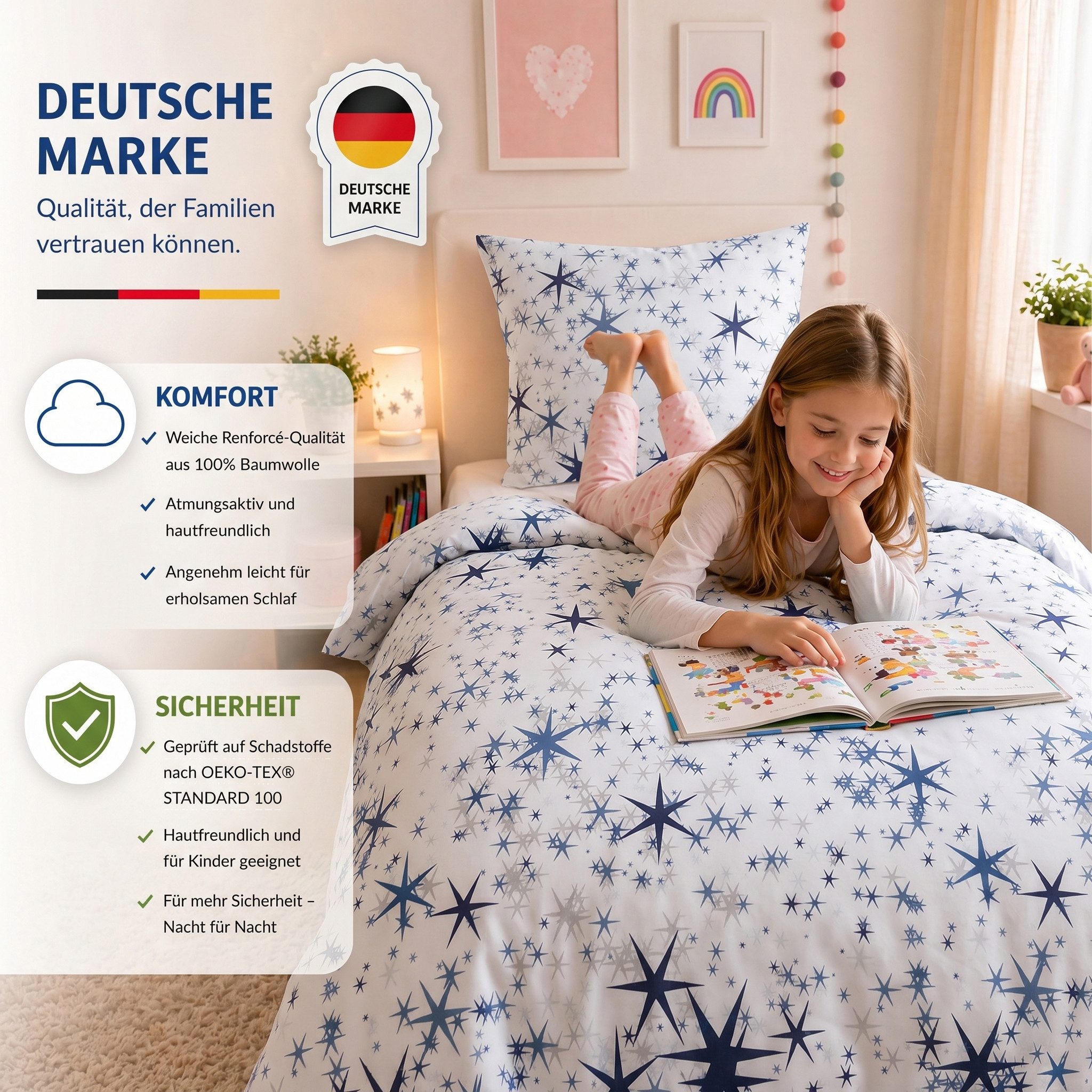 Buymax Kinderbettwäsche Etoiles Kids Stars, Renforce: 100% Baumwolle, 2 teilig, 135x200 cm, 100% Baumwolle, Reißverschluss, Sterne – Bild 4 von 5