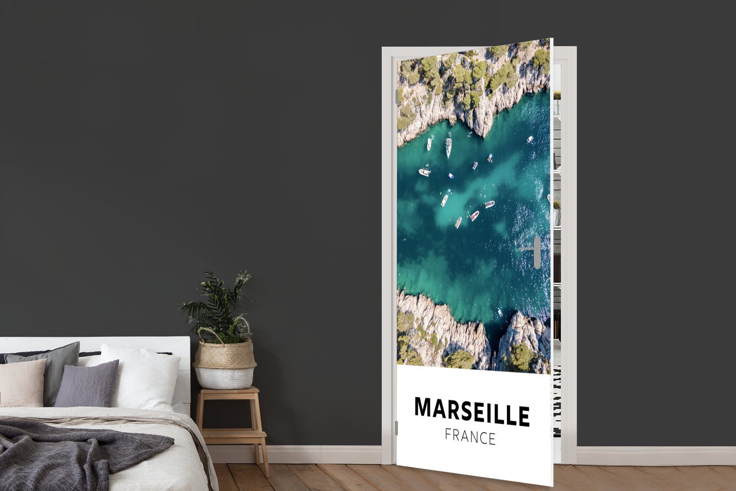 Tür, St), Wasser bedruckt, für Türtapete Fototapete Marseille cm - (1 75x205 - Matt, - Frankreich Türaufkleber, Boot, MuchoWow