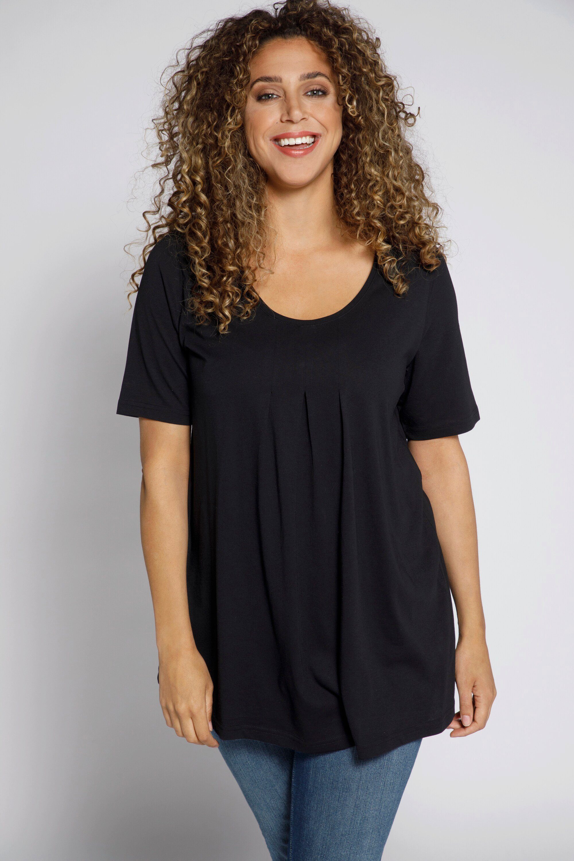 Ulla Popken Rundhalsshirt T-Shirt Zierfalten A-Linie Rundhals Halbarm Modal