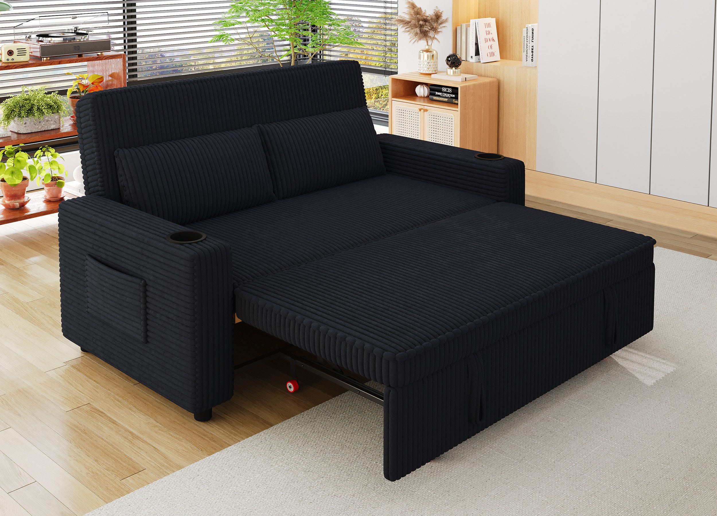 HOMALL Sofa Schlafsofa, kompaktes Klappsofa, verstellbare Rückenlehne, Doppelschlafsofa Ein ausziehbares Schlafsofa mit zwei Getränkehaltern.