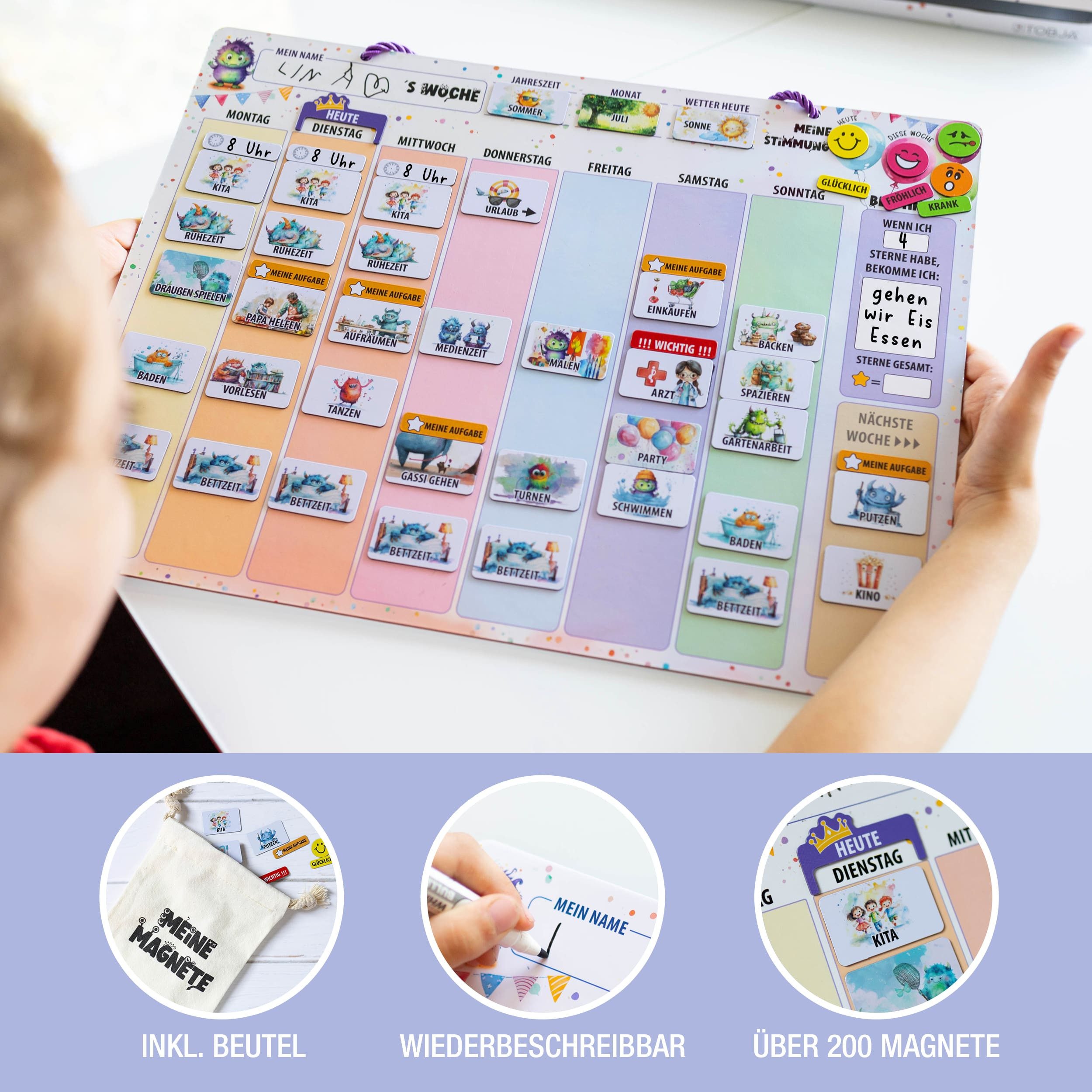 TOBJA Magnettafel Wochenplaner Kinder inkl. 200+ Magnete & Stift Montessori Planer, Routine Planer Kinder & Aufgabenplaner Kinder – Bild 5 von 5