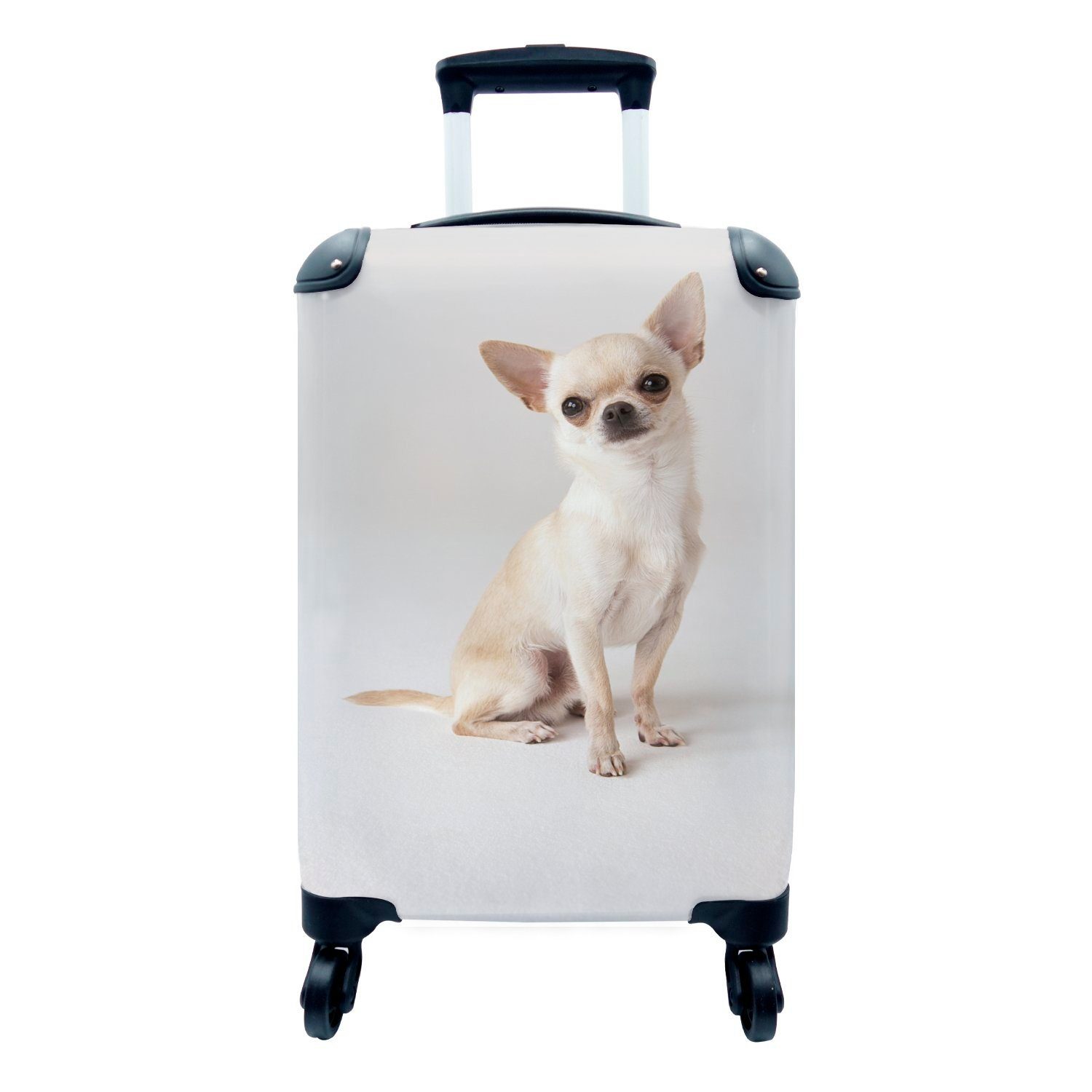 MuchoWow Handgepäckkoffer Porträt eines sitzenden weißen Chihuahuas, 4 Rollen, Reisetasche mit rollen, Handgepäck für Ferien, Trolley, Reisekoffer