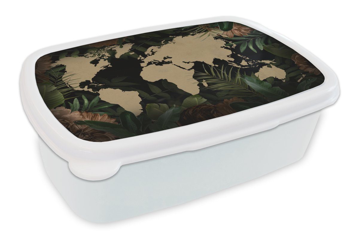 MuchoWow Lunchbox Weltkarte - Blätter - Tropische Pflanzen, Kunststoff, (2-tlg), Brotbox für Kinder und Erwachsene, Brotdose, für Jungs und Mädchen weiß
