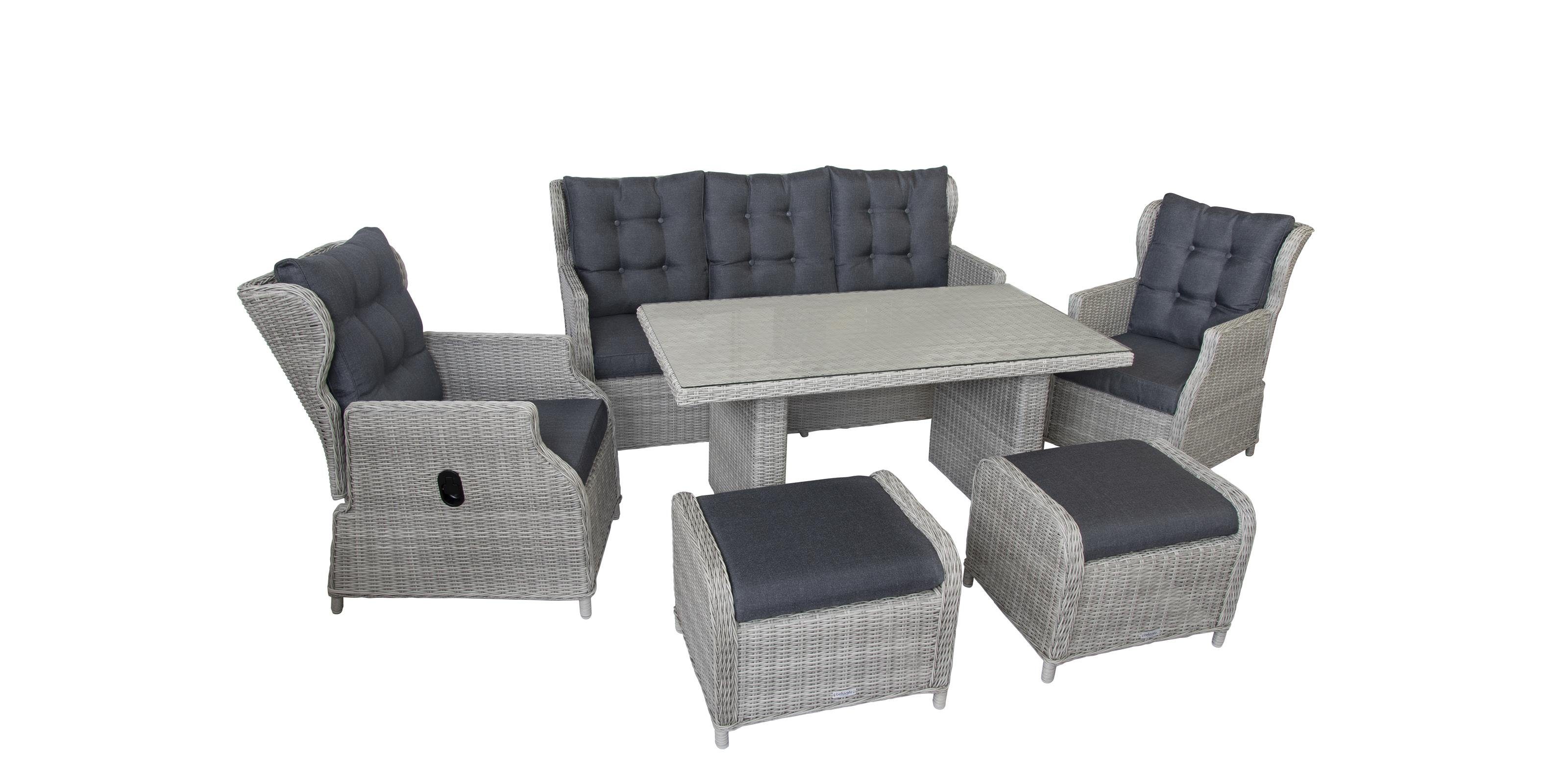 bellavista - Home&Garden® Garten-Essgruppe »Canelli« Dininglounge Set Sitzgruppe Loungemöbel Lounge Gartenmöbel, (Set, 6-tlg., 1 Sofa, 2 Sessel, 2 Hocker, 1 Tisch, inkl. Auflagen), grau, Polyrattan, für 7 Personen, wetterfest - Garten, Terrasse